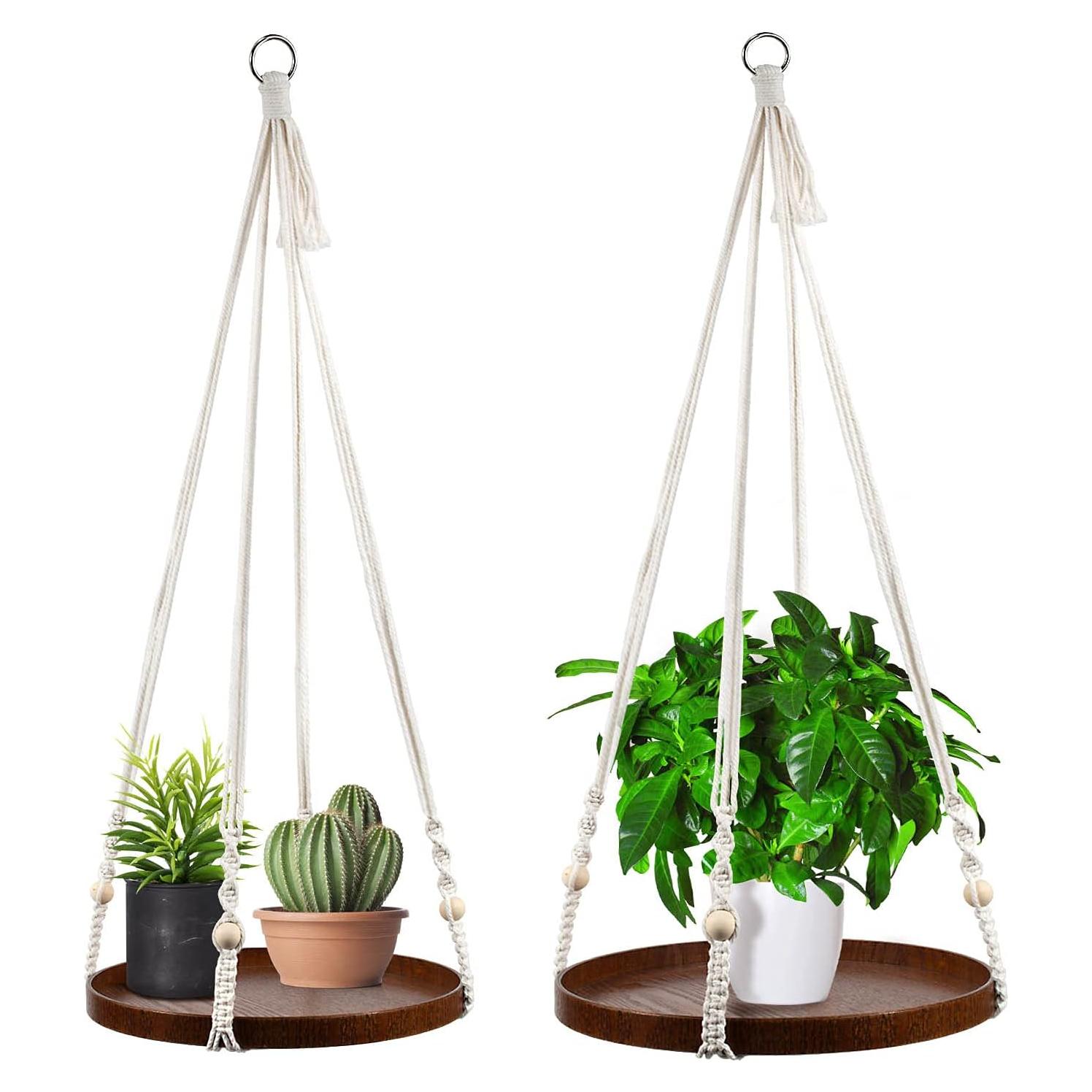 Colgador de Plantas de Macramé E-KNOW con Estante de Madera