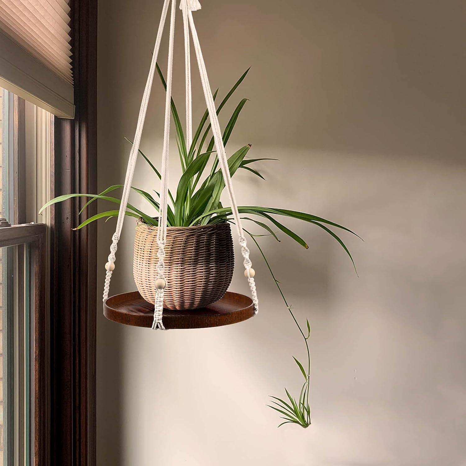 Colgador de Plantas de Macramé E-KNOW con Estante de Madera