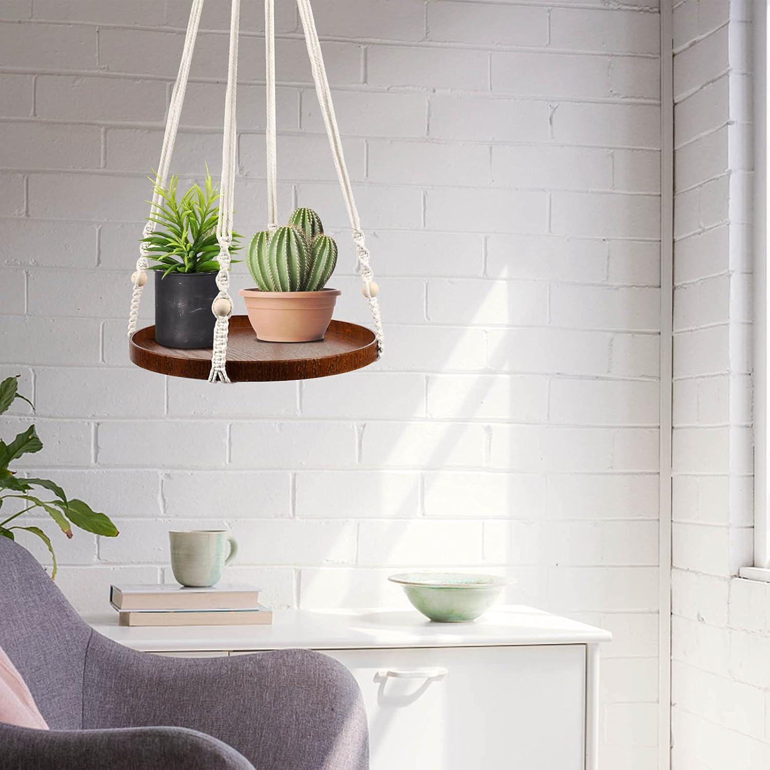 Colgador de Plantas de Macramé E-KNOW con Estante de Madera
