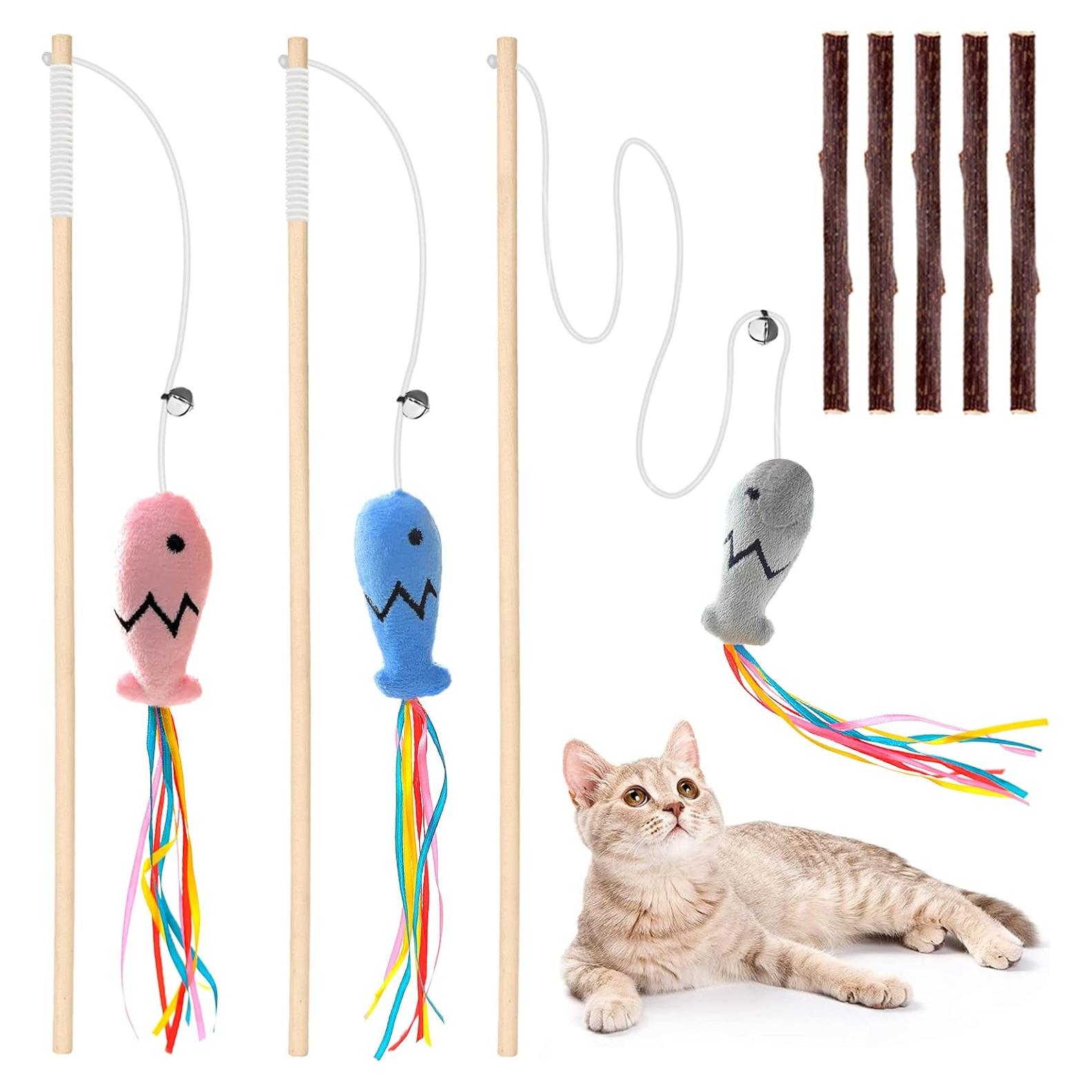 Juguete Interactivo para Gatos Plant Castle - Varita de Madera 40 cm + 3 Juguetes de Plumas + 5 Palitos de Hierba Gatera