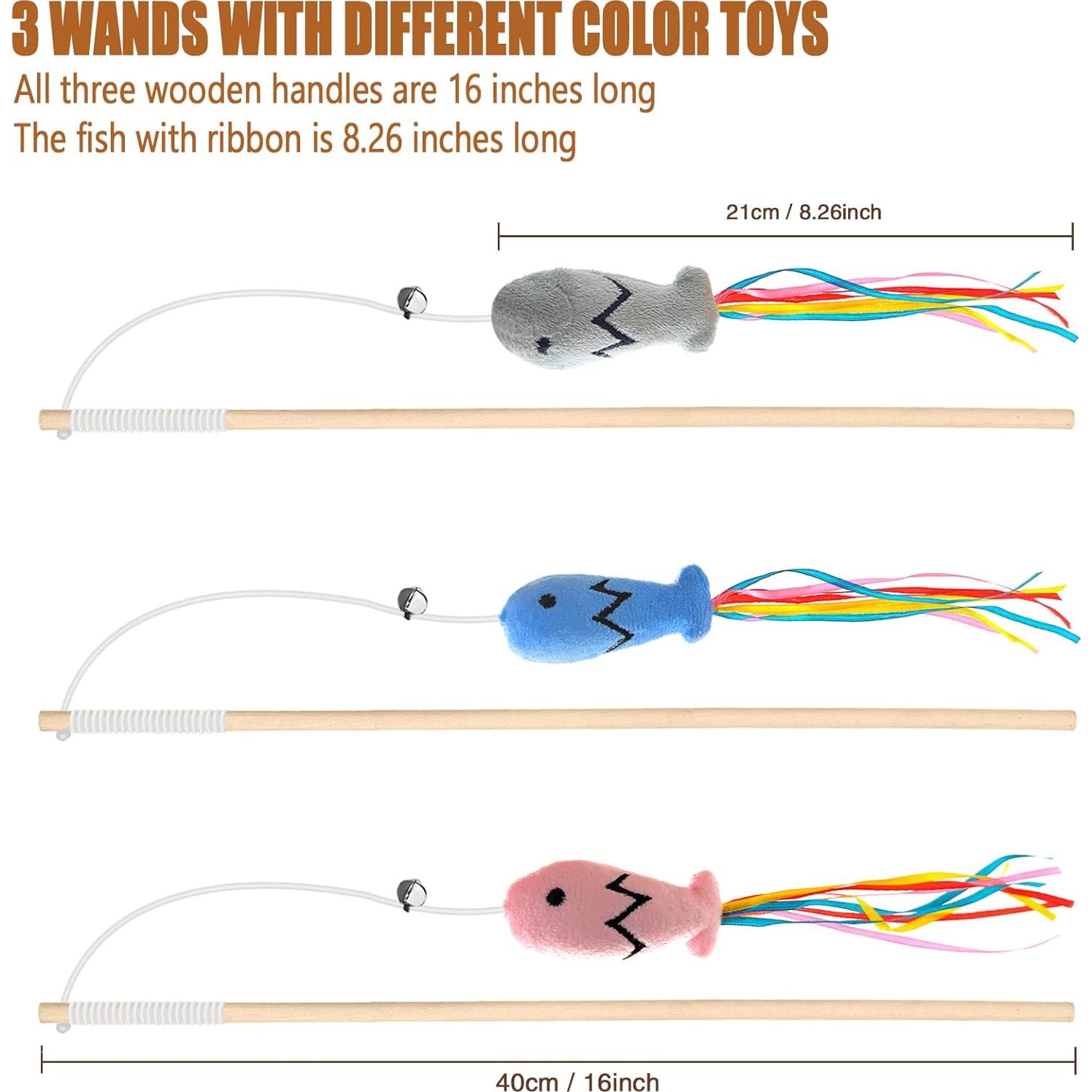 Juguete Interactivo para Gatos Plant Castle - Varita de Madera 40 cm + 3 Juguetes de Plumas + 5 Palitos de Hierba Gatera