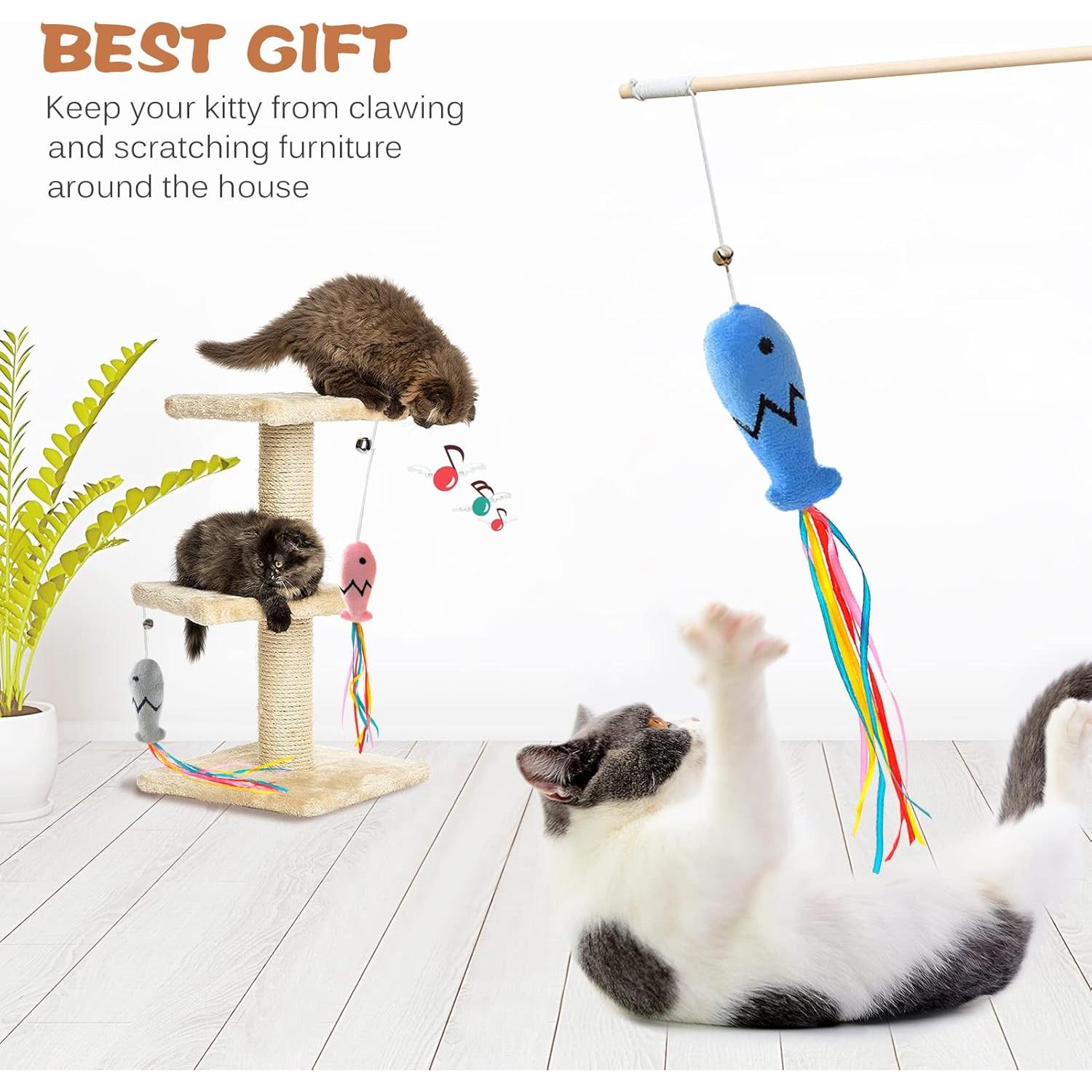 Juguete Interactivo para Gatos Plant Castle - Varita de Madera 40 cm + 3 Juguetes de Plumas + 5 Palitos de Hierba Gatera