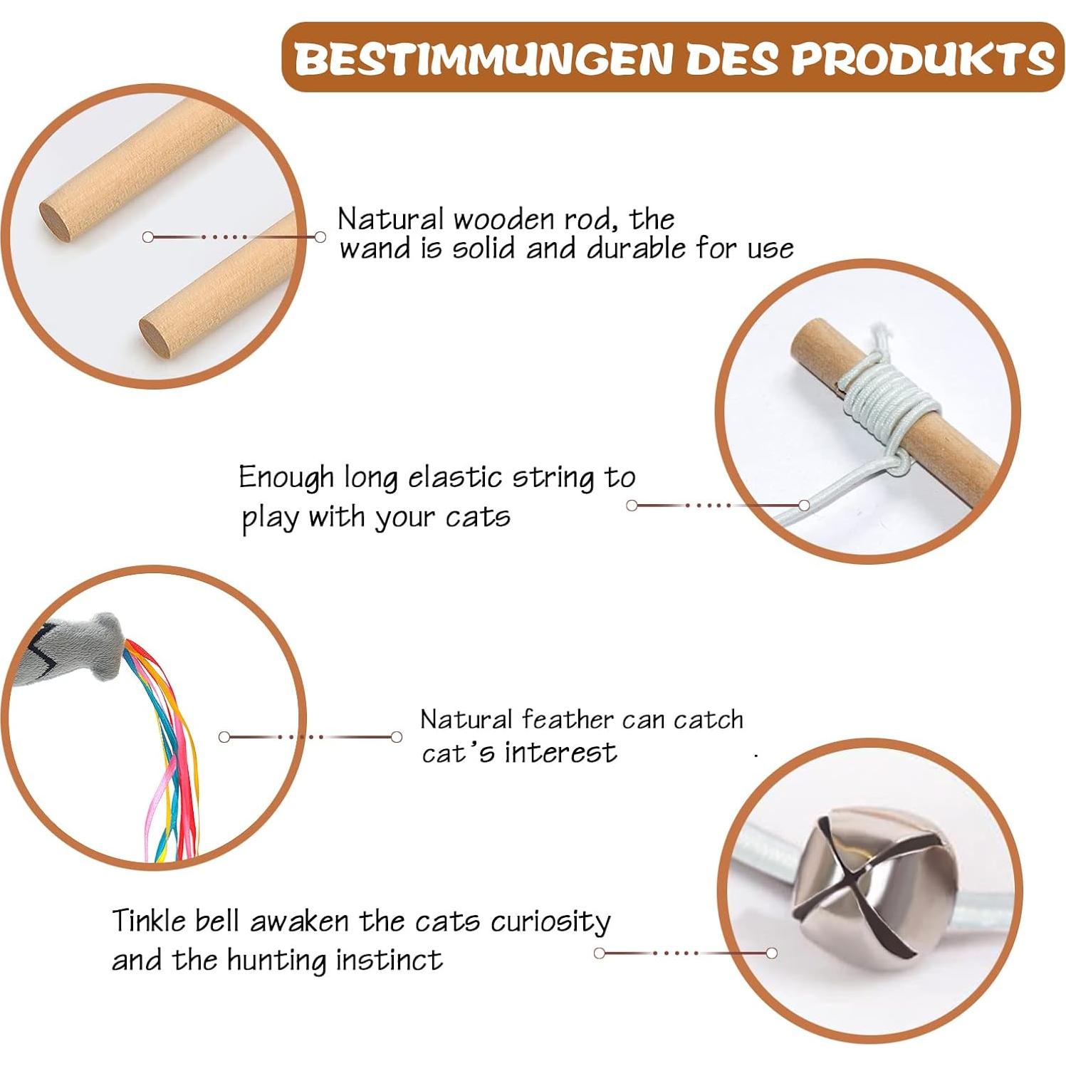 Juguete Interactivo para Gatos Plant Castle - Varita de Madera 40 cm + 3 Juguetes de Plumas + 5 Palitos de Hierba Gatera