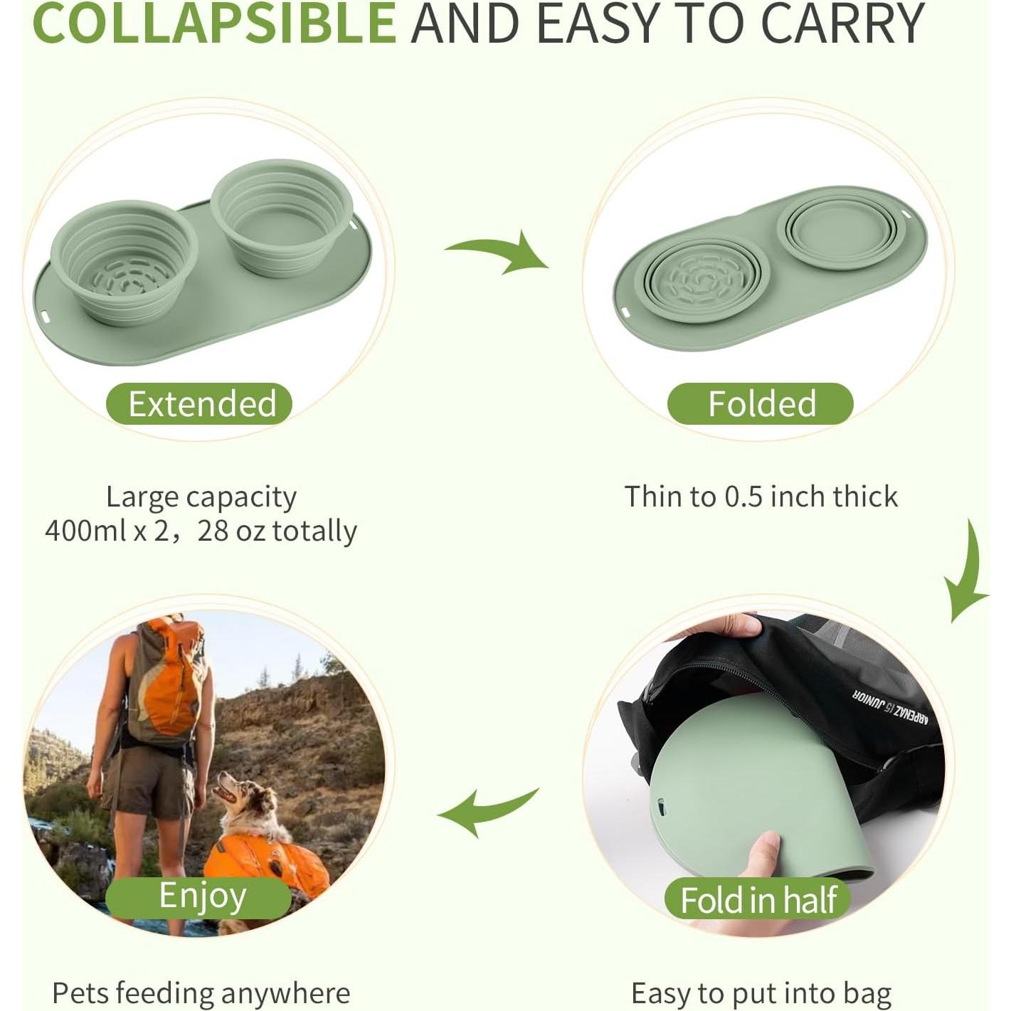 Cuenco Doble Plegable para Perro HOYEHOLA Verde 355 ml