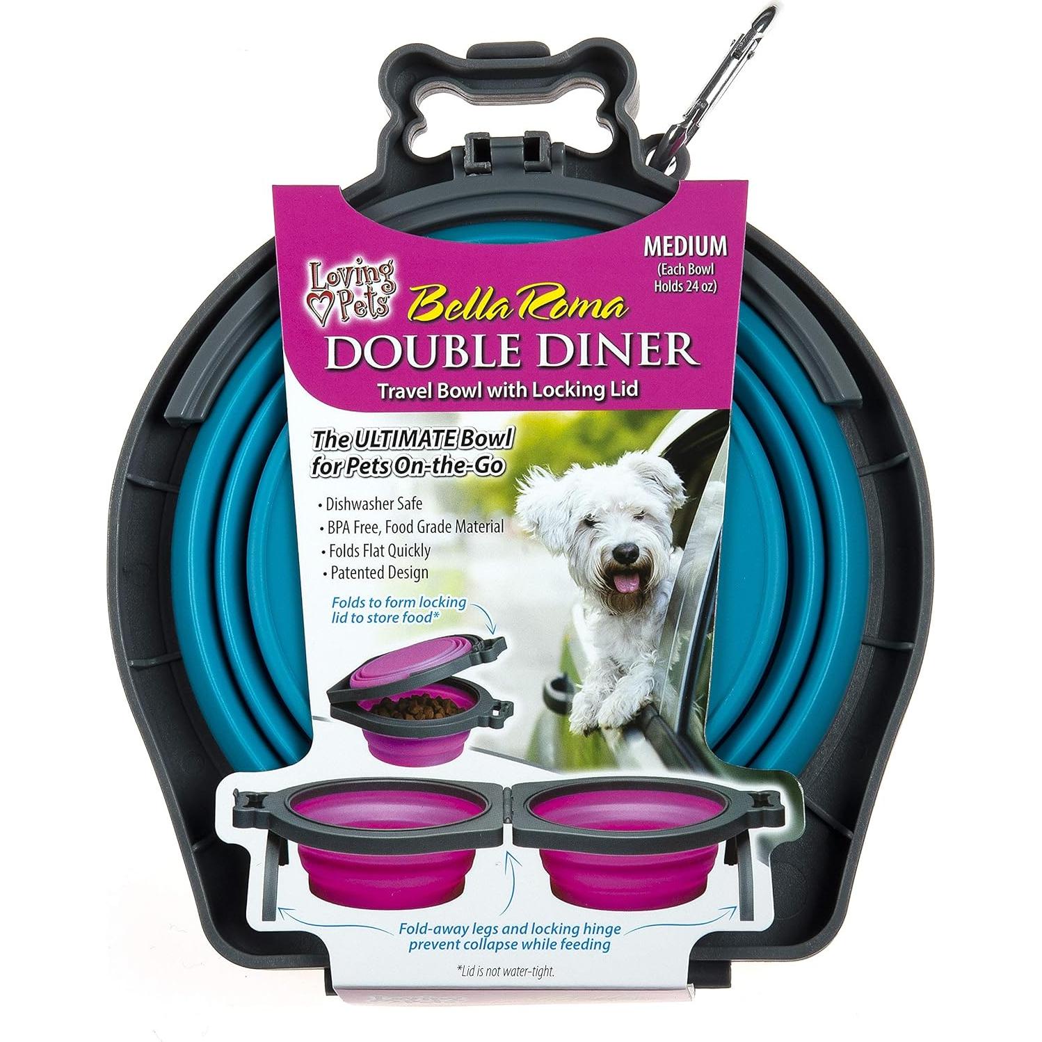 Cuenco Doble de Viaje para Perros Loving Pets Azul Mediano