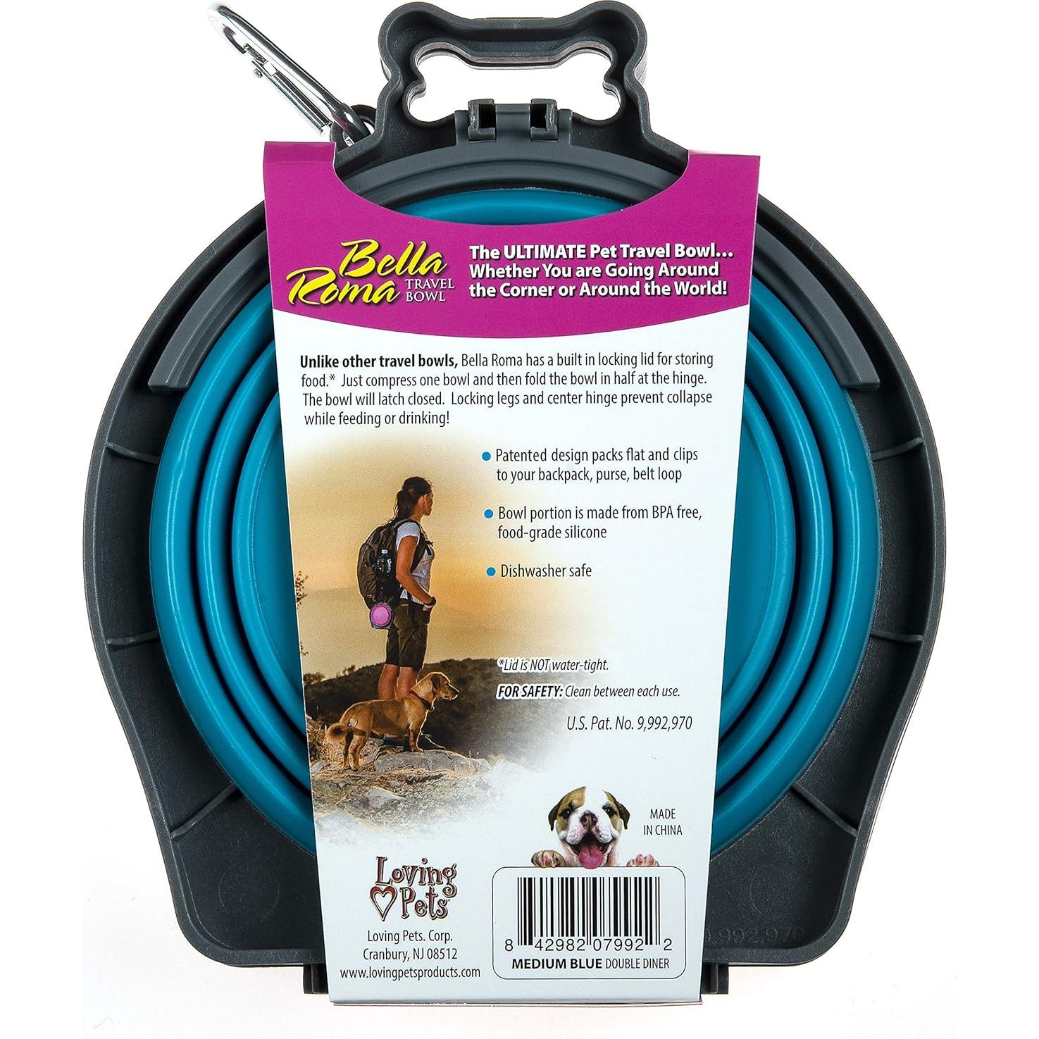 Cuenco Doble de Viaje para Perros Loving Pets Azul Mediano