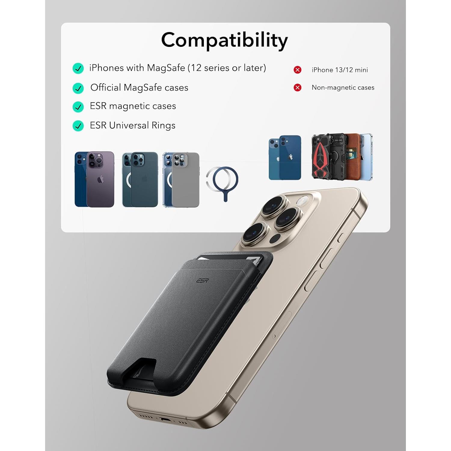 Cartera MagSafe ESR para iPhone 16/15/14/13/12, 5 Tarjetas, RFID, Negro