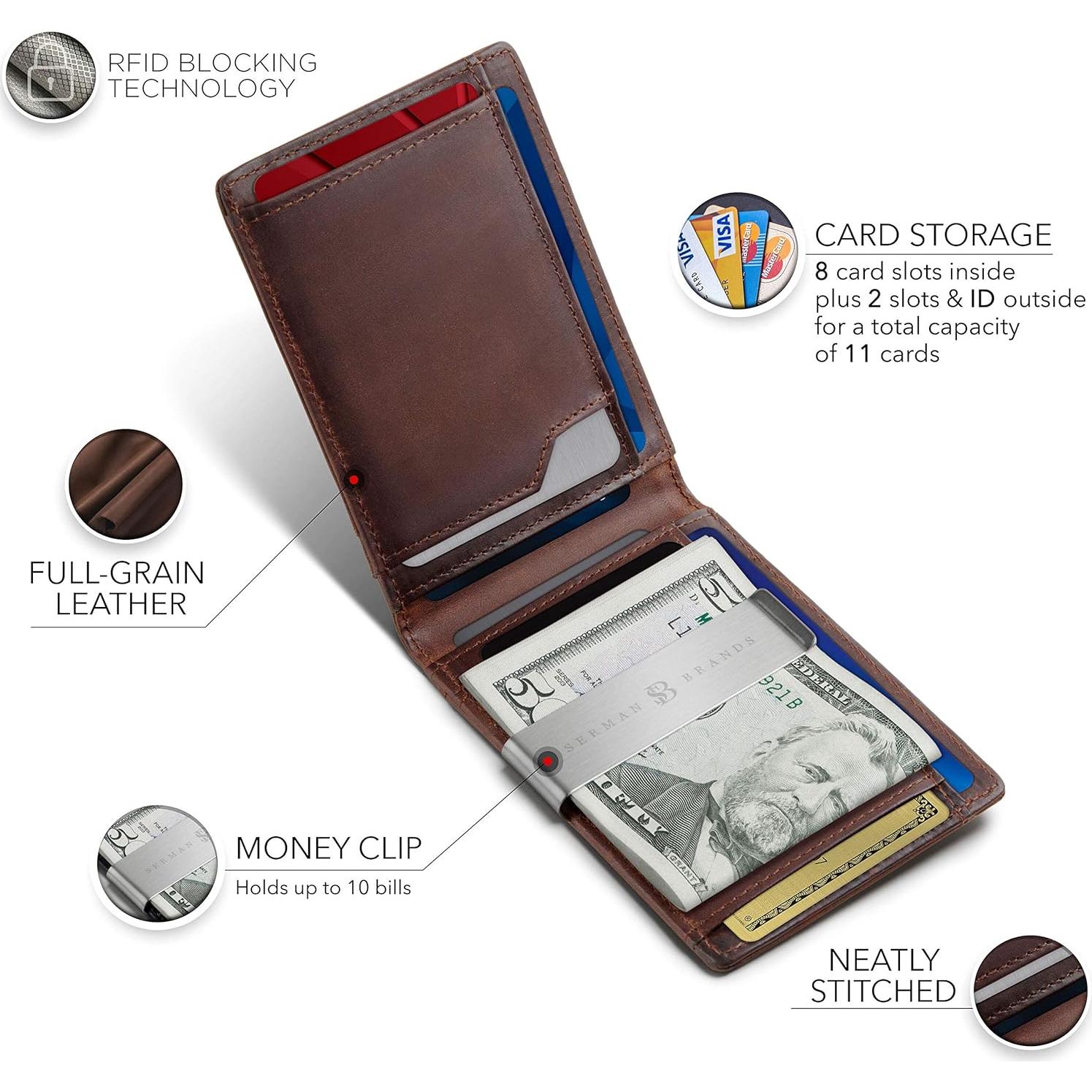Cartera Minimalista SERMAN BRANDS Marrón Texas con Bloqueo RFID