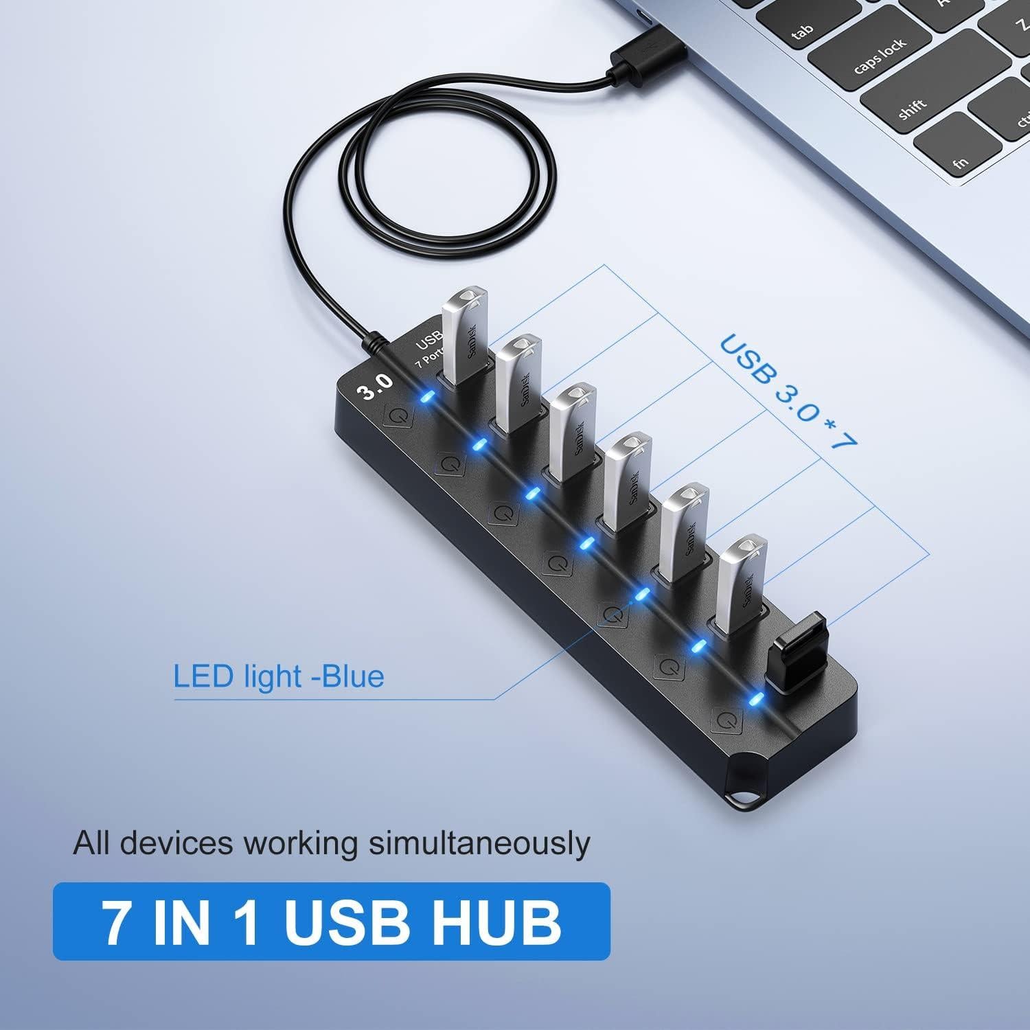 Hub USB 3.0 ONFINIO 7 Puertos con Interruptores y Luz - 1m