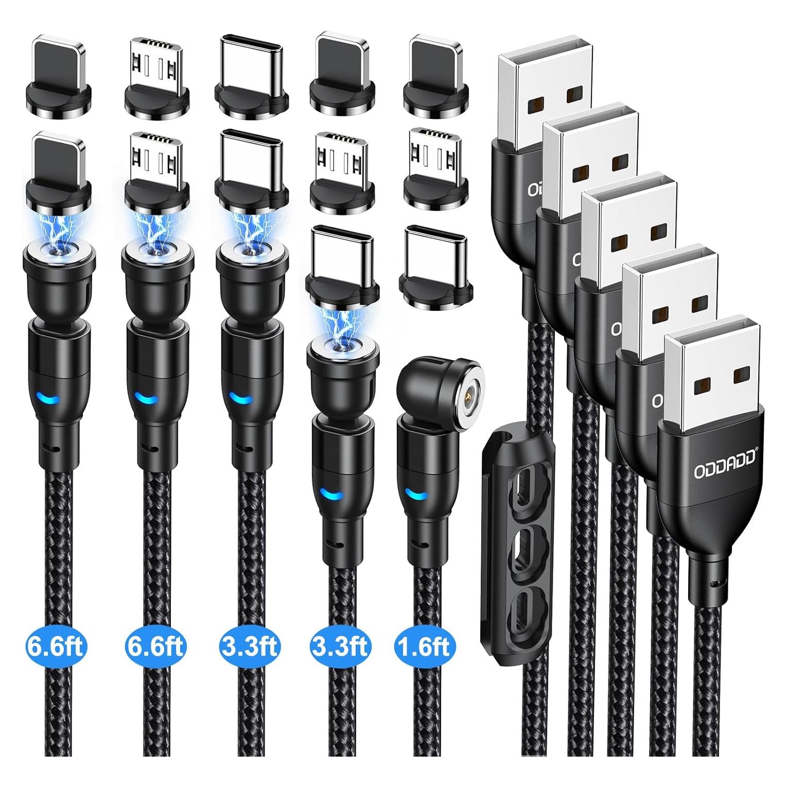 Cable de Carga Magnético 5-Pack ODDADD 0.5-2m Micro USB USB C