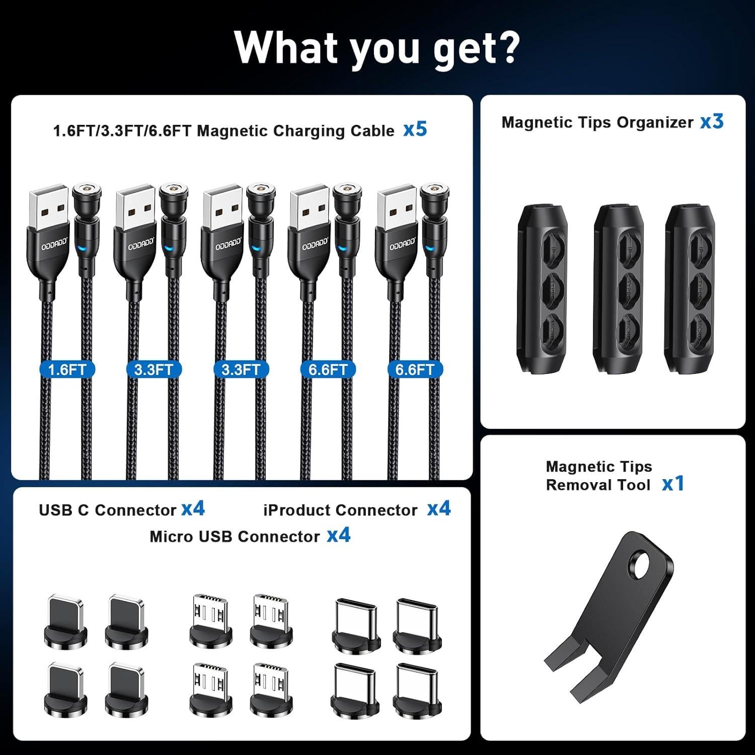 Cable de Carga Magnético 5-Pack ODDADD 0.5-2m Micro USB USB C