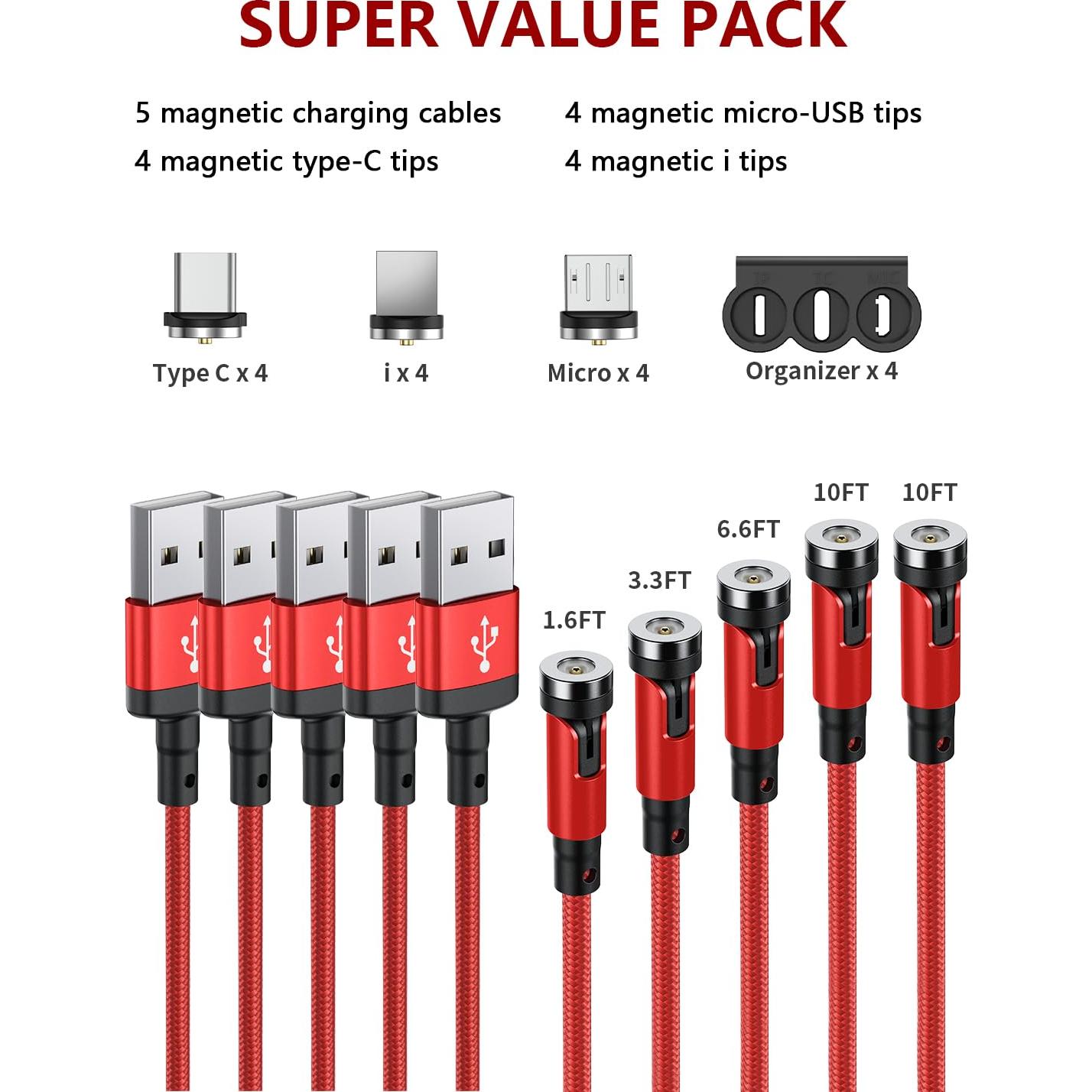 Cable de Carga Magnético SUNTAIHO 3 en 1 Rojo 0.49m a 3.0m