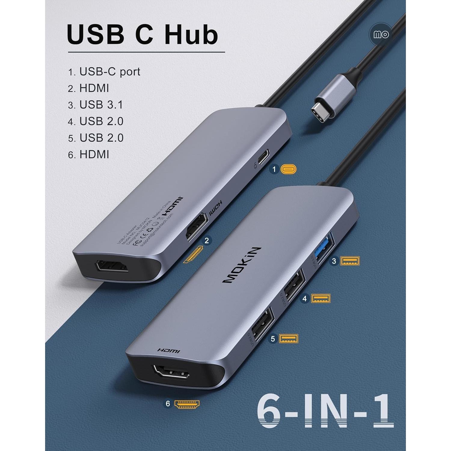 Adaptador USB C a Doble HDMI MOKiN 6 en 1 4K 60Hz