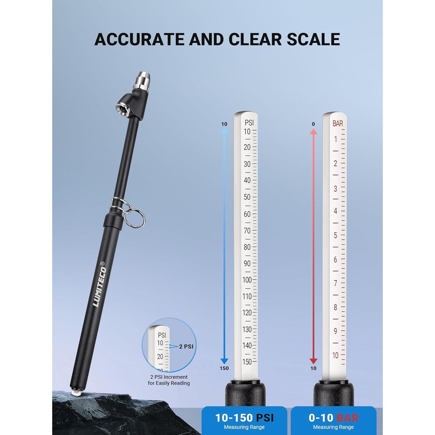Medidor de presión de neumáticos LUMITECO 12" doble cabeza 10-150 PSI