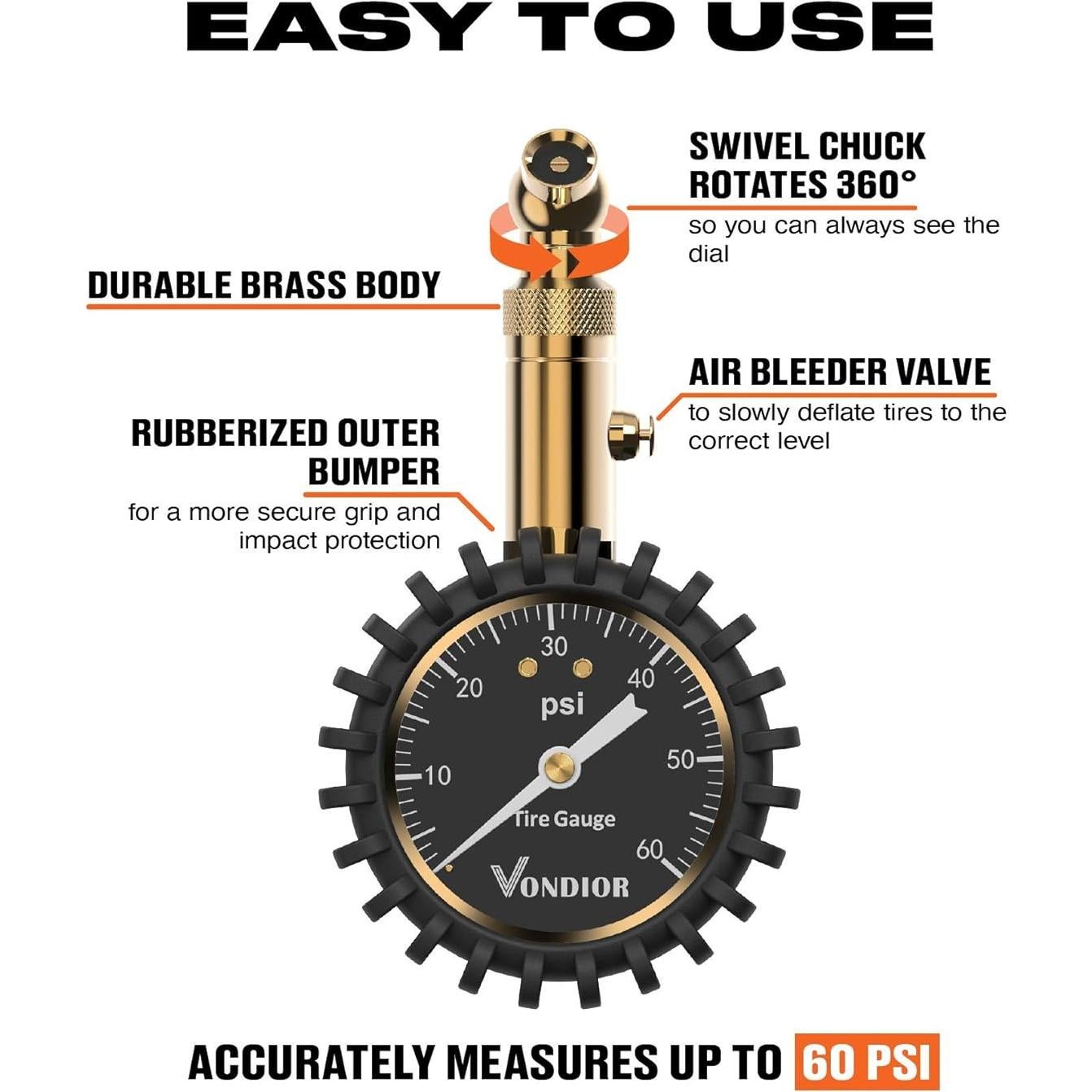 Manómetro de Neumáticos Vondior 0-60 PSI Preciso y Duradero