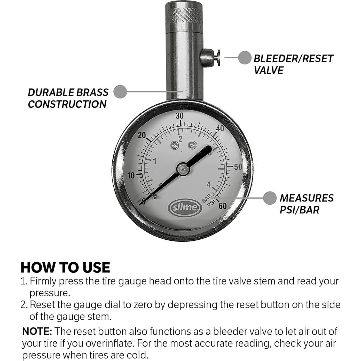 Medidor de Presión de Neumáticos Slime 20459 Analógico Latón