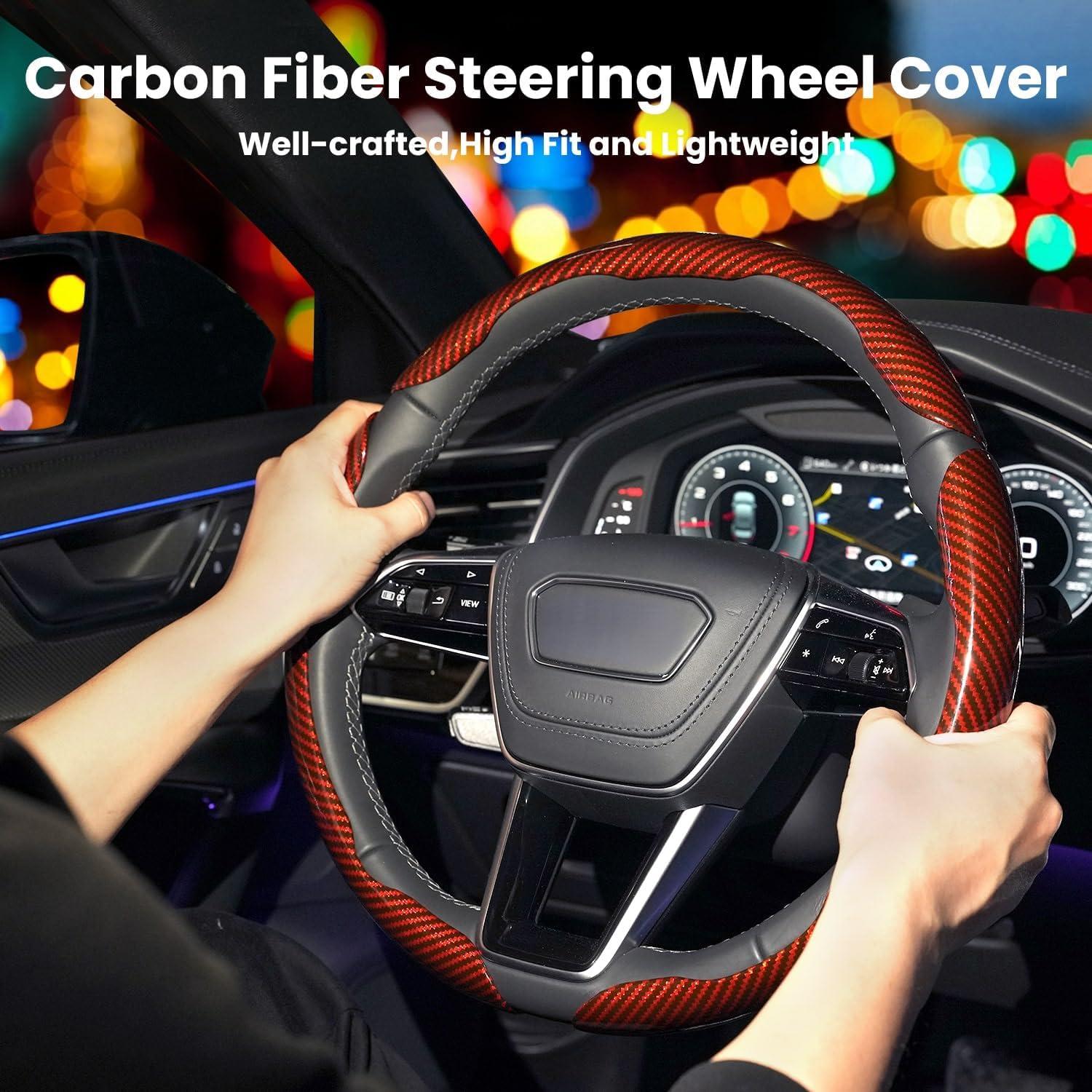 Cubierta de Volante Hiseanllo Fibra de Carbono Rojo 35.56-40.64 cm