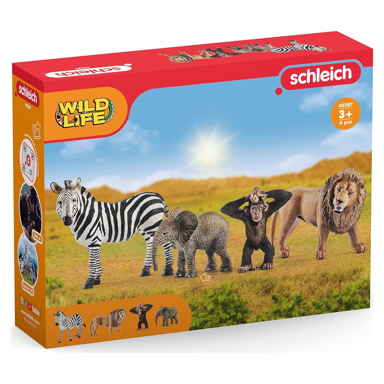 Set de 4 Figuras de Animales de Safari Schleich - Pantera, Mono, Jirafa, Hipopótamo