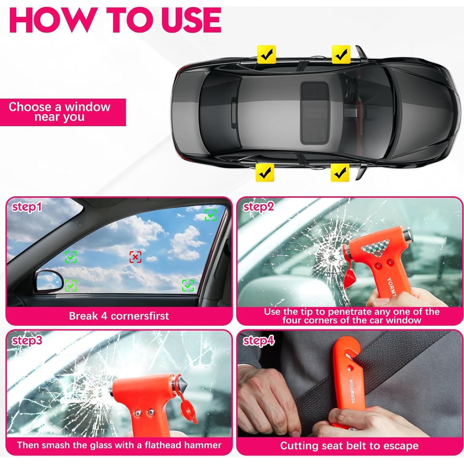 Martillo de Seguridad YORMTOIR para Automóvil - Cortador de Cinturón y Rompedor de Cristales
