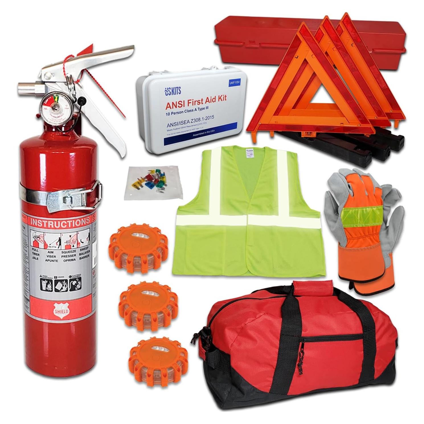 Kit de Seguridad en Carretera USKITS - Extintor, Flares LED, Primeros Auxilios