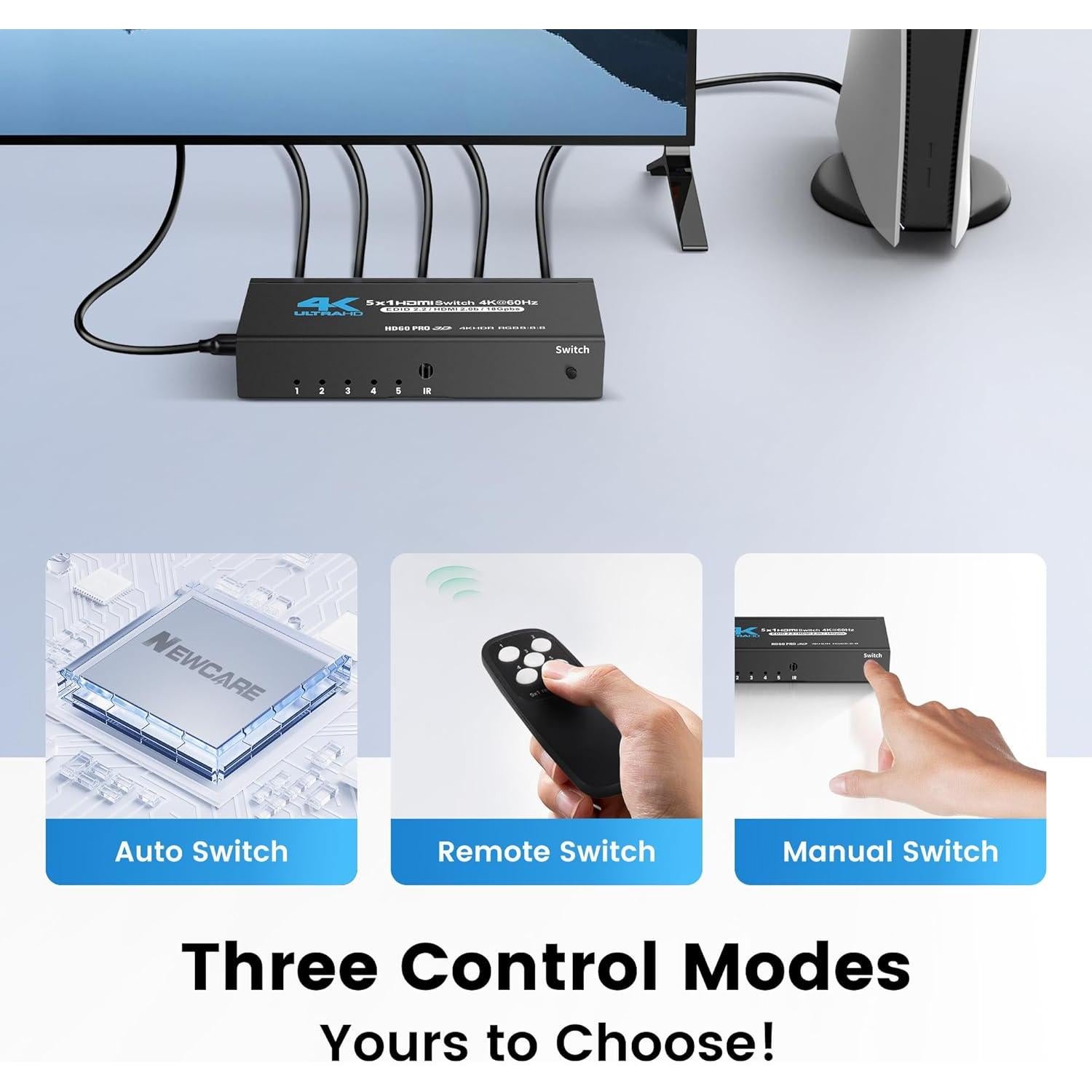Interruptor HDMI 5x1 NEWCARE 4K@60Hz con Control Remoto