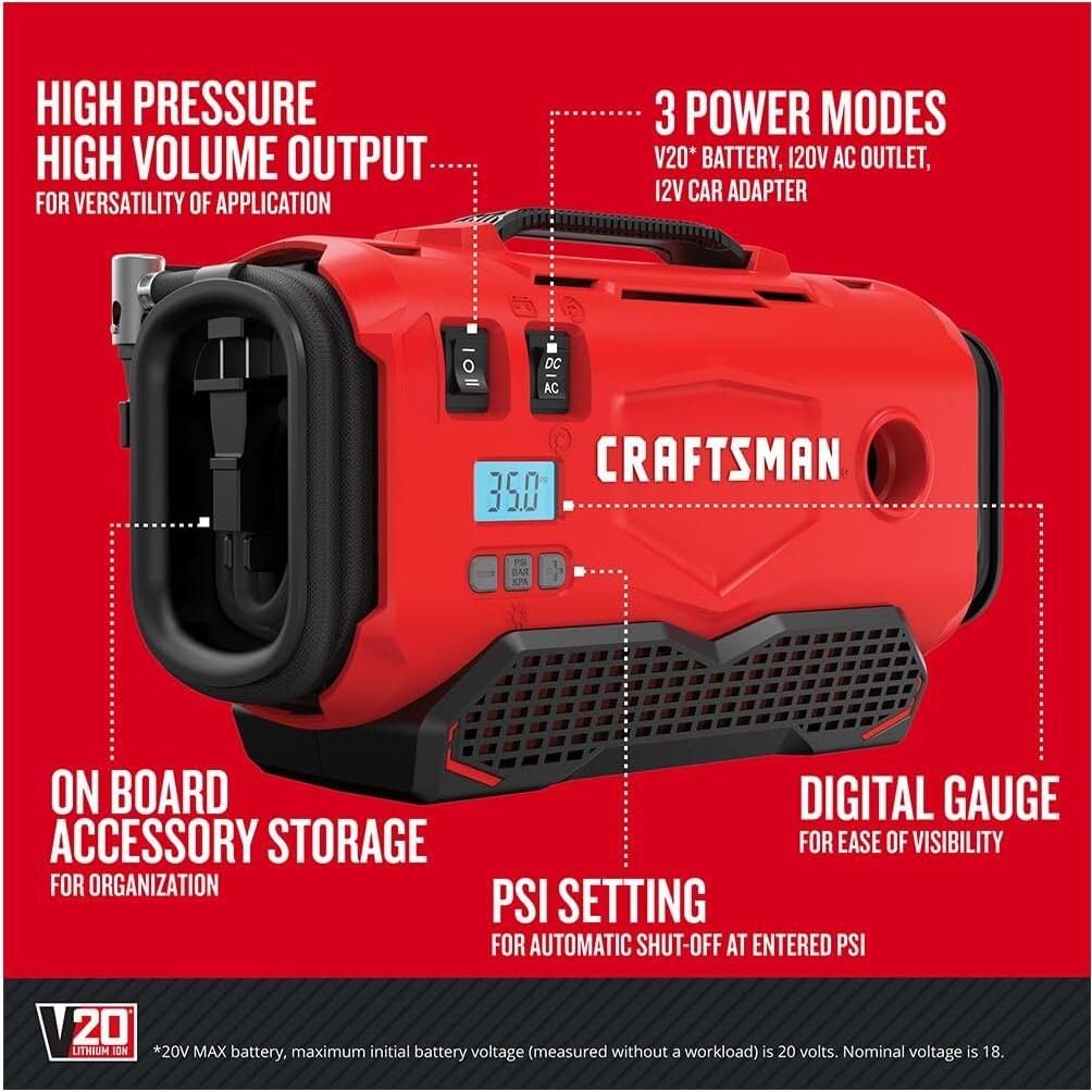 Inflador de Neumáticos CRAFTSMAN V20, Compresor Portátil 20V