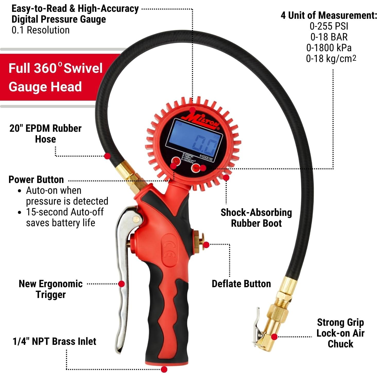 Medidor de presión de neumáticos digital Milton S-568 0-255 PSI