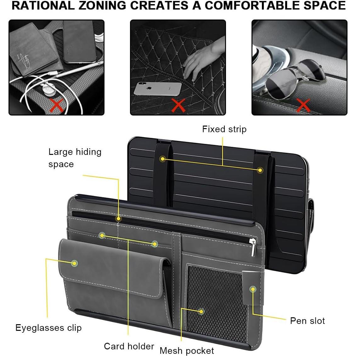 Organizador de Visera de Coche SHMZK en Cuero Negro con 5 Bolsillos