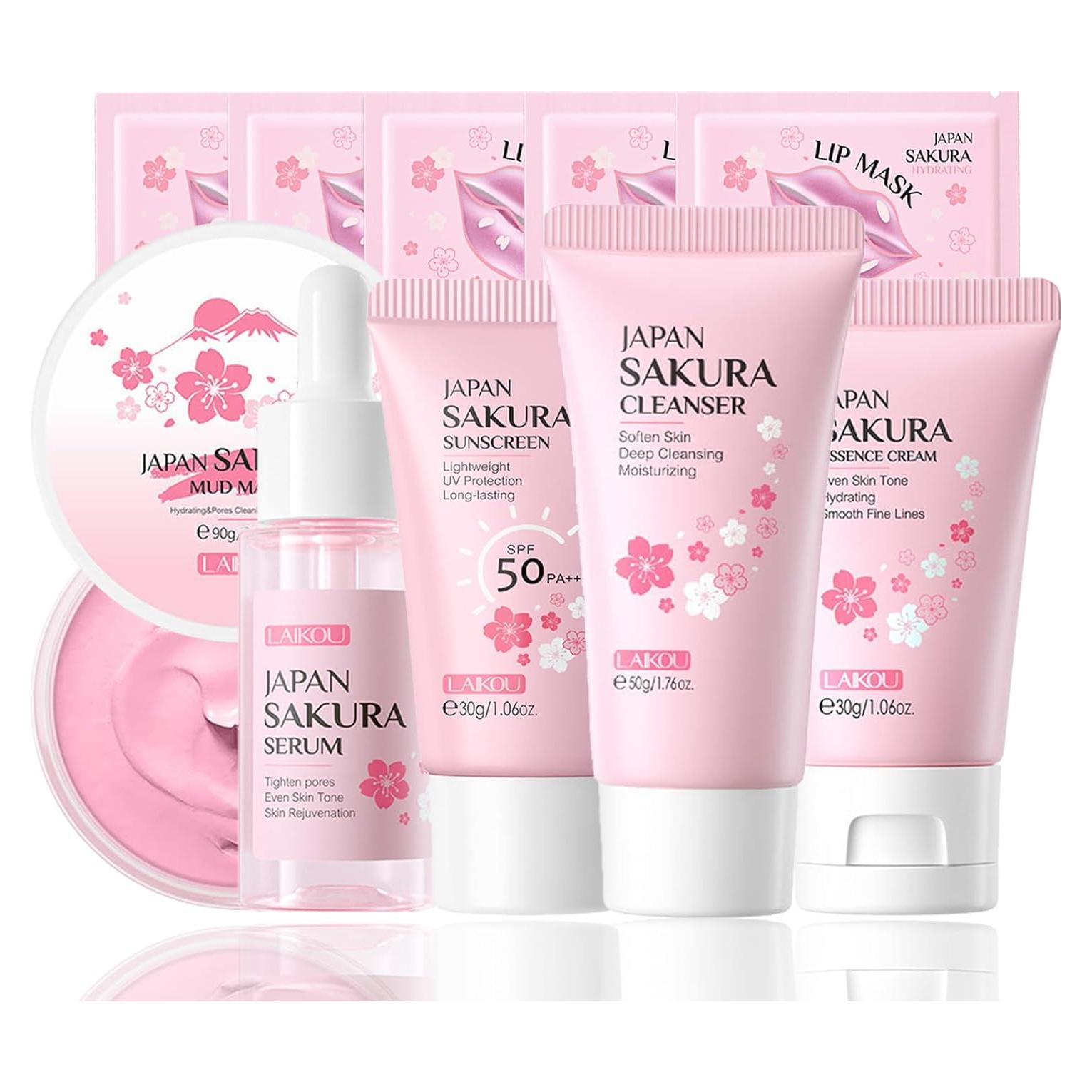Skincare Set Sakura Women Skincare Gifts for Teen Girls - Travel Essentials for Women - Skin Care Set with Makeup Remover,Face Wash,Moisturizer,Face Mask - Face Care Set for Women (10PCS, Sakura)
