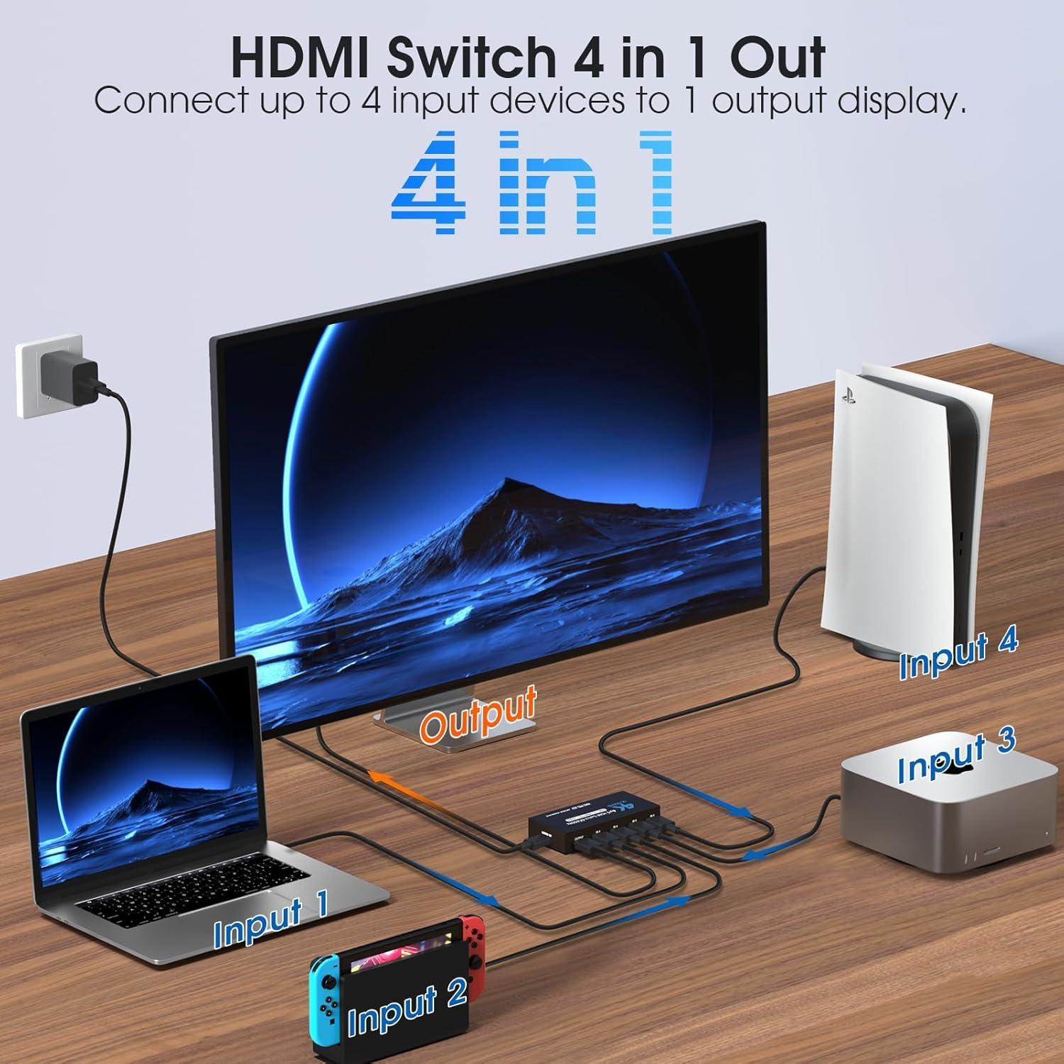 Conmutador HDMI 4K 60Hz NerdEthos 4 Puertos con Control Remoto