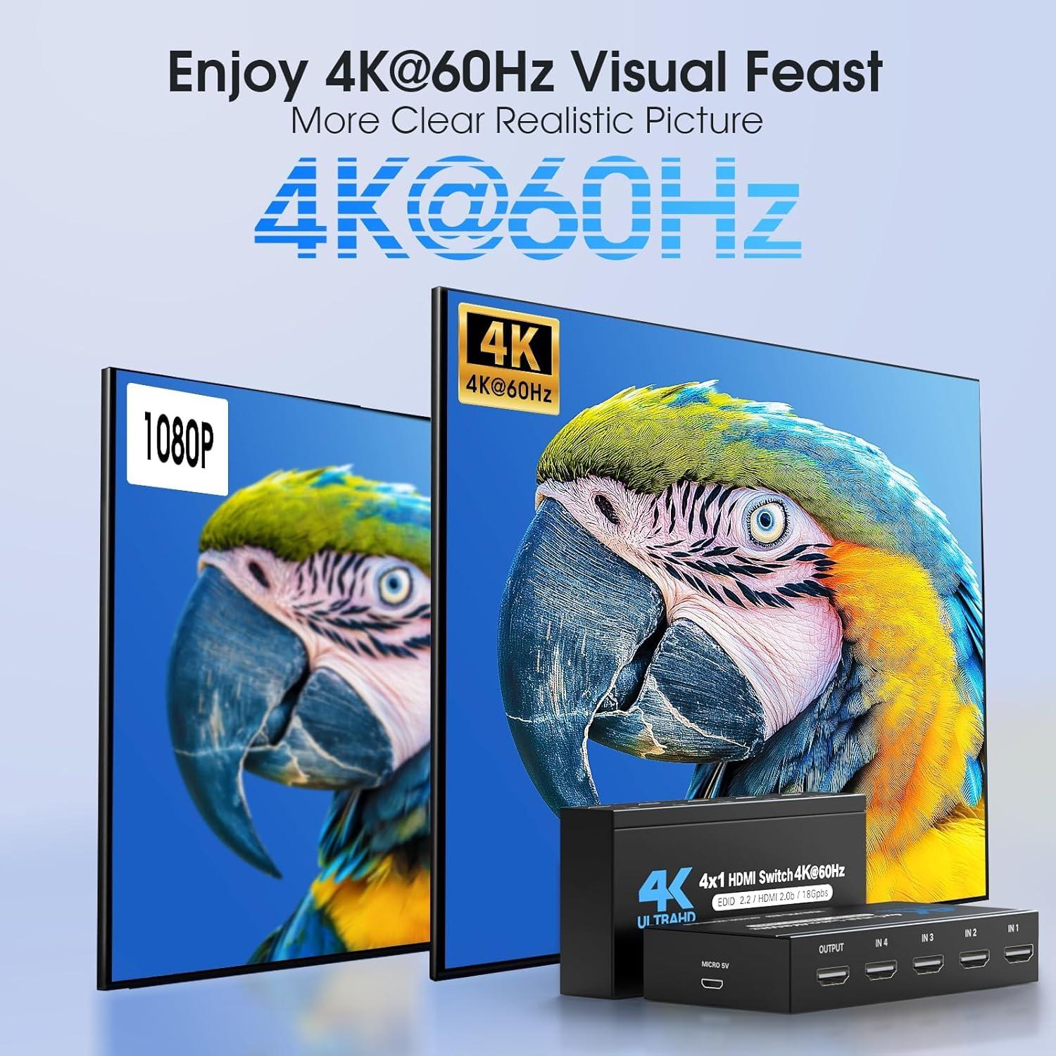 Conmutador HDMI 4K 60Hz NerdEthos 4 Puertos con Control Remoto