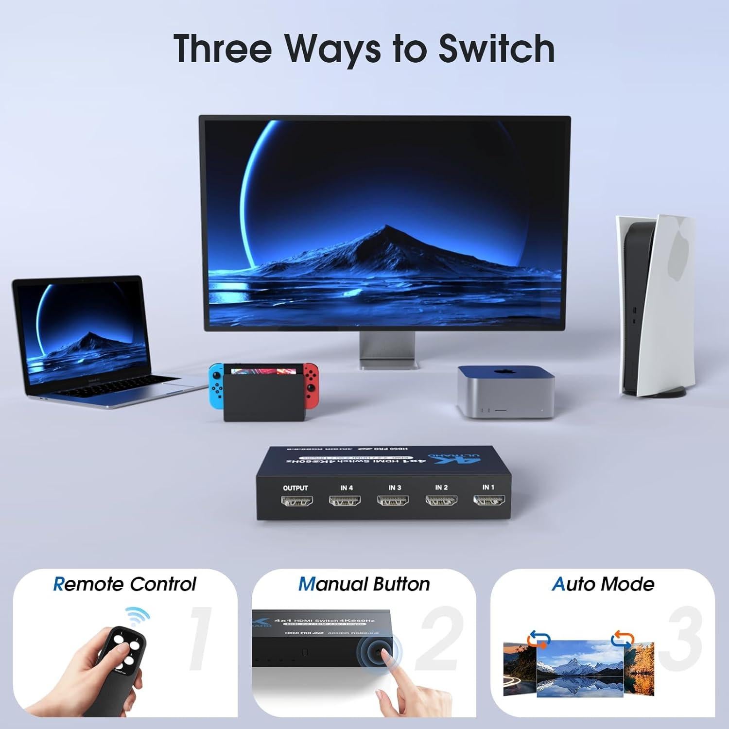 Conmutador HDMI 4K 60Hz NerdEthos 4 Puertos con Control Remoto