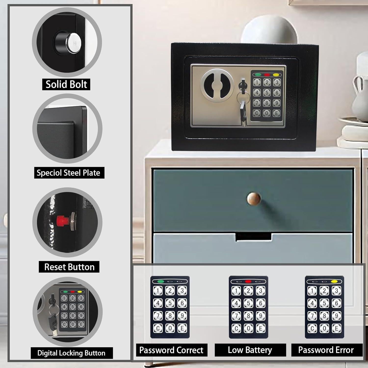 Caja Fuerte Digital Electrónica Yuanshikj 0.2 pies - Negra