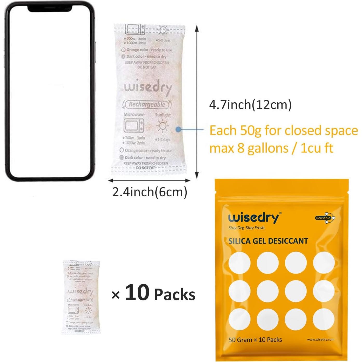 Paquete de Gel de Silica Wisedry 50g x 10 Reactivables