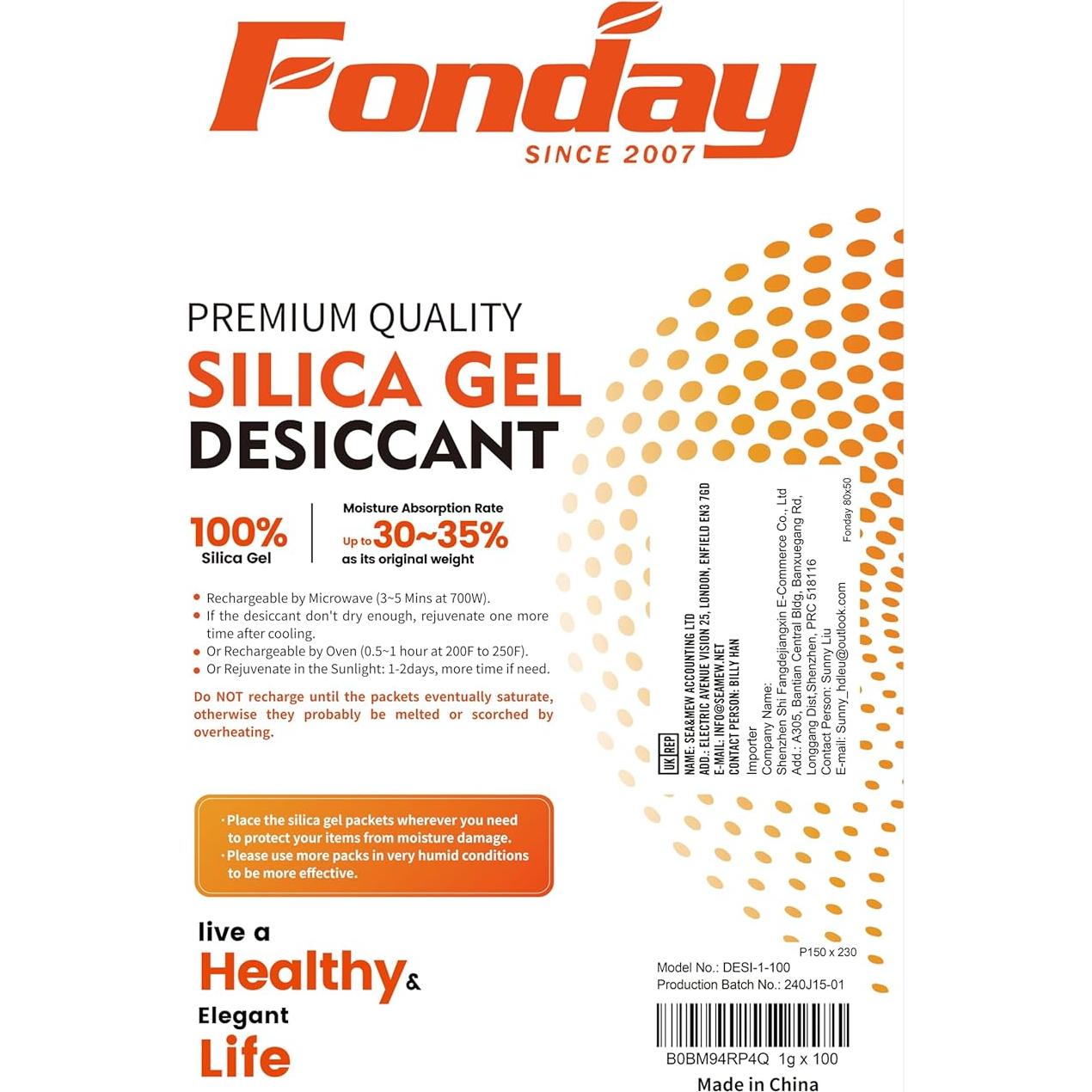 100 Paquetes de Gel de Sílice Grado Alimenticio Fonday 1 Gramo