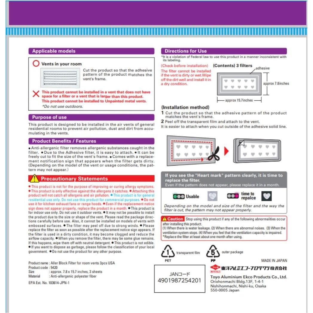 Filtros Antialérgicos Peel & Stick FILTAN S5420 - 3pcs