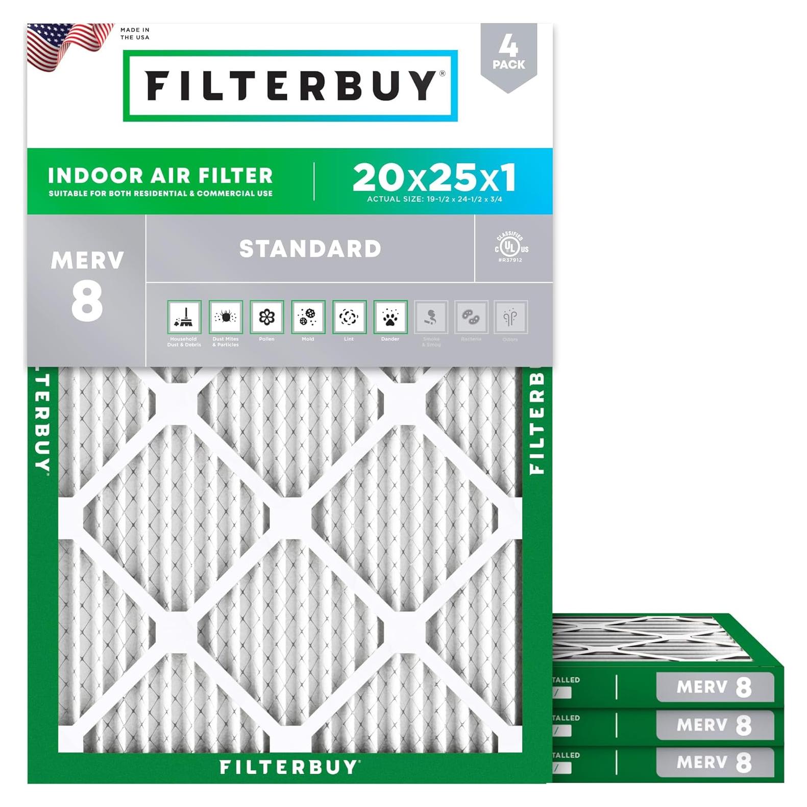 Filtro de aire Filterbuy 20x25x1 MERV 8 - Paquete de 4