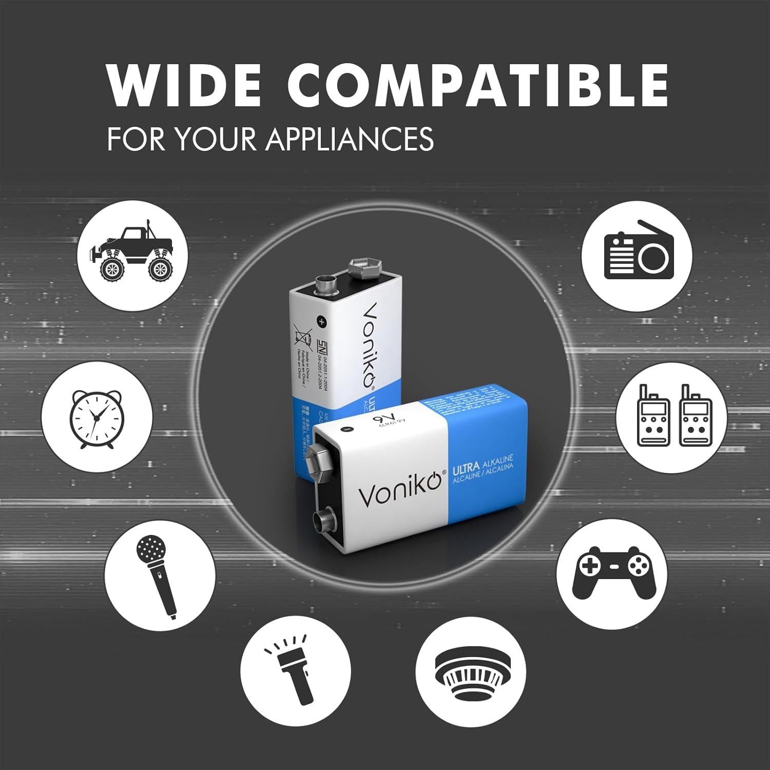 Baterías Alcalinas 9V Voniko - Paquete de 4 Unidades Ultra Duraderas