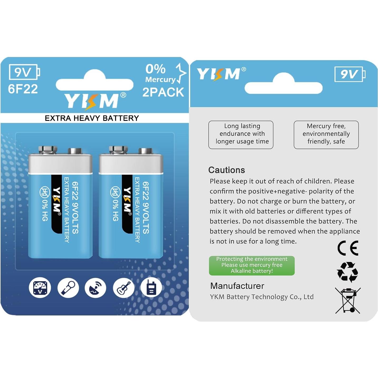 Baterías 9V YKM Carbono Zinc Paquete de 2 para Detector de Humo