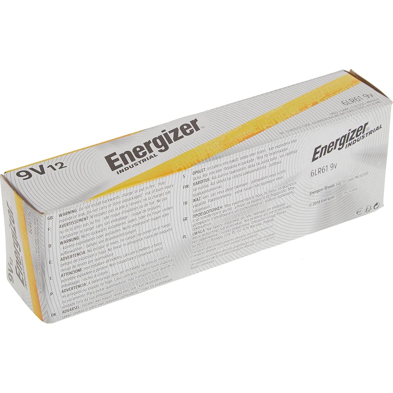 Baterías Alcalinas Energizer Industrial 9V EN22 - Paquete de 12