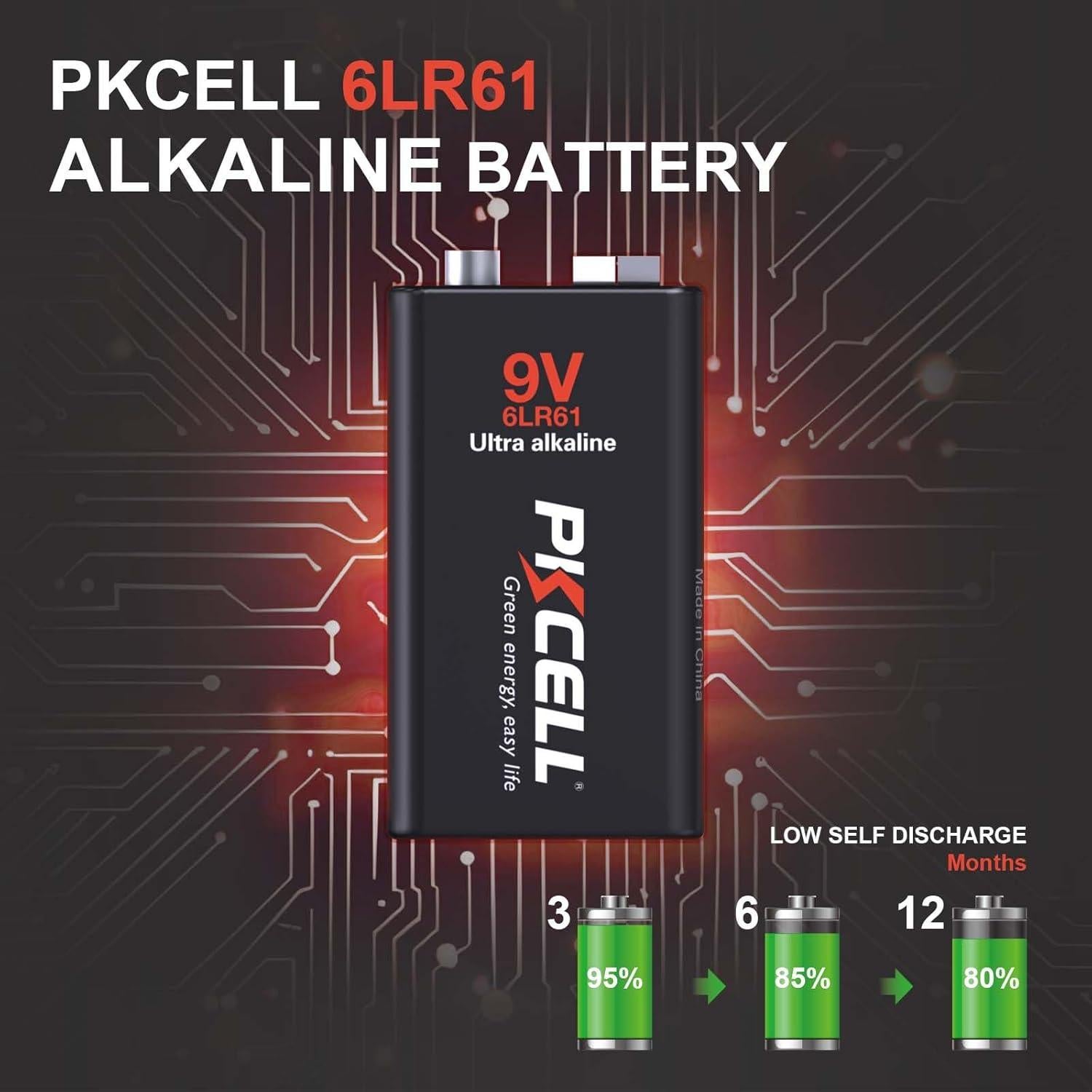 Baterías de 9V PKCELL Alcalinas Ultra Duraderas - 12 Unidades