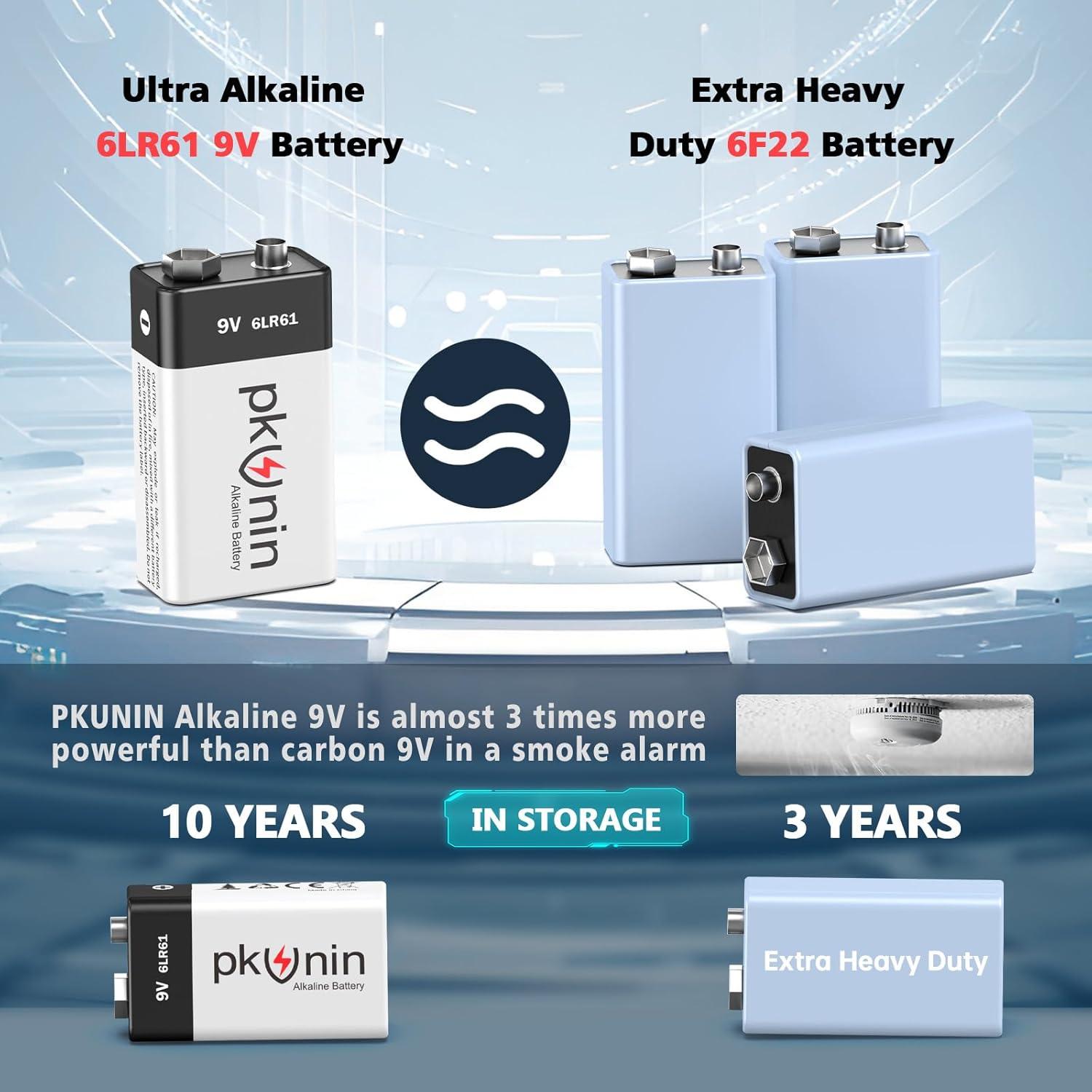 Baterías Alcalinas 9V PKUNIN Paquete de 12 Larga Duración