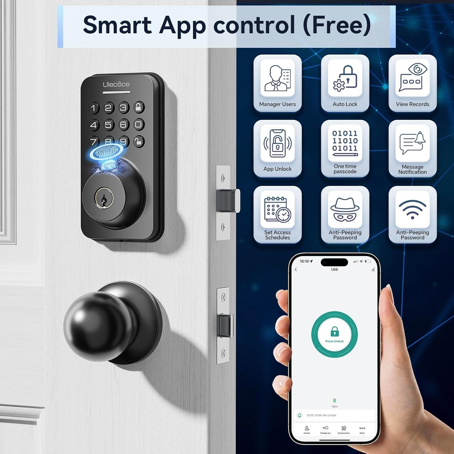 Cerradura Inteligente Ulecoce U68 con WiFi y Huella Digital