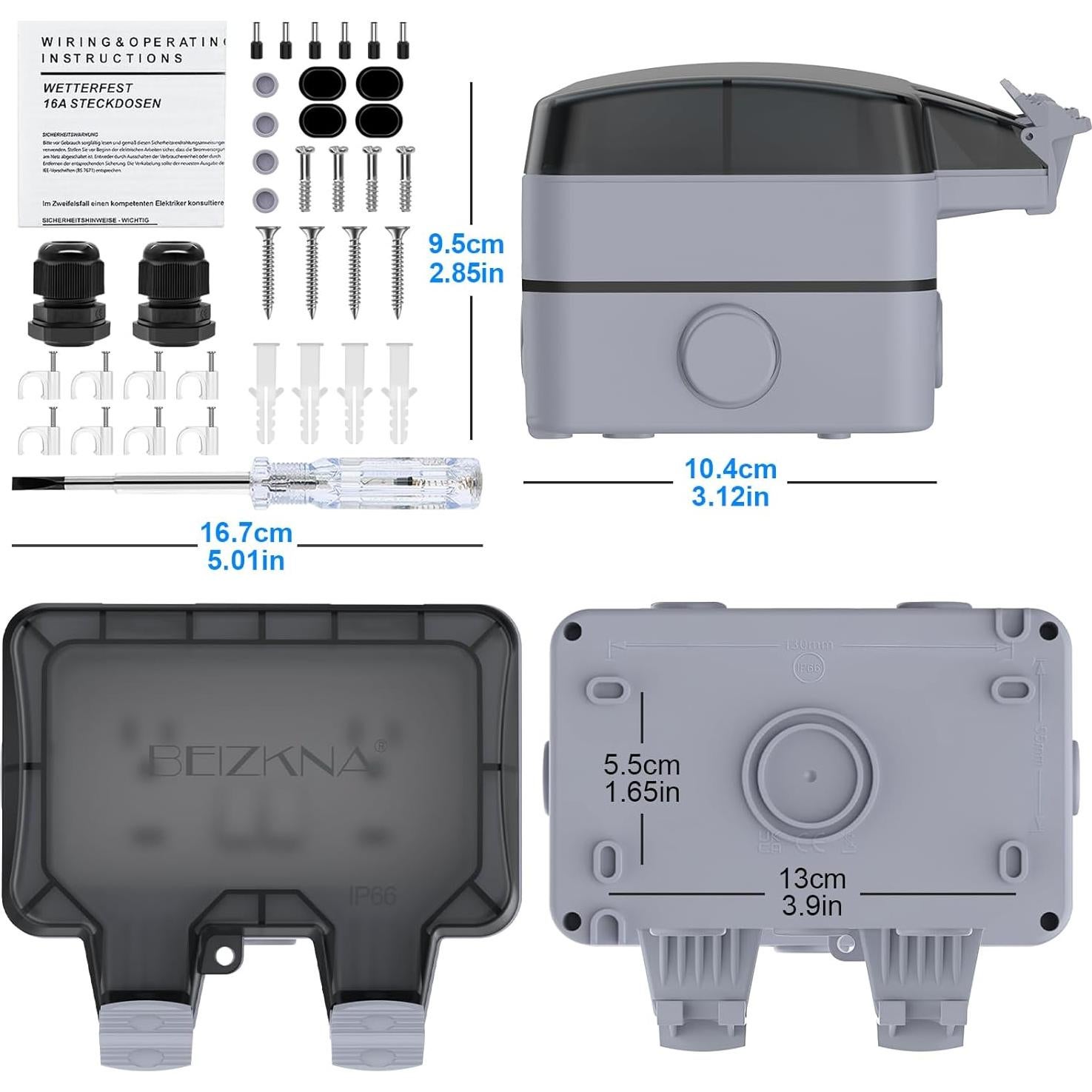 Enchufe Exterior Impermeable IP66 Beizkna 2-Gang con Tapa