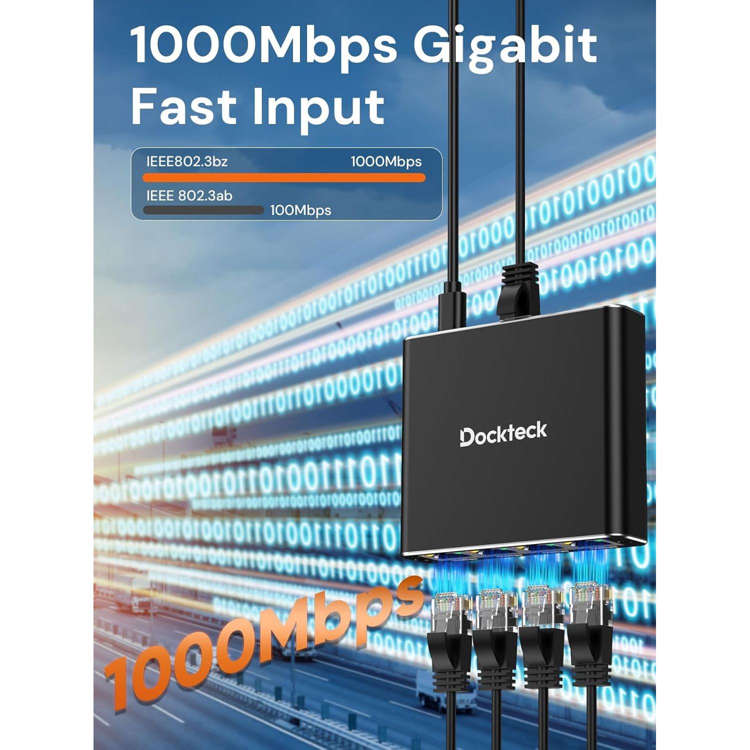 Divisor Ethernet 1 a 4 Dockteck 1000Mbps RJ45 Aluminio