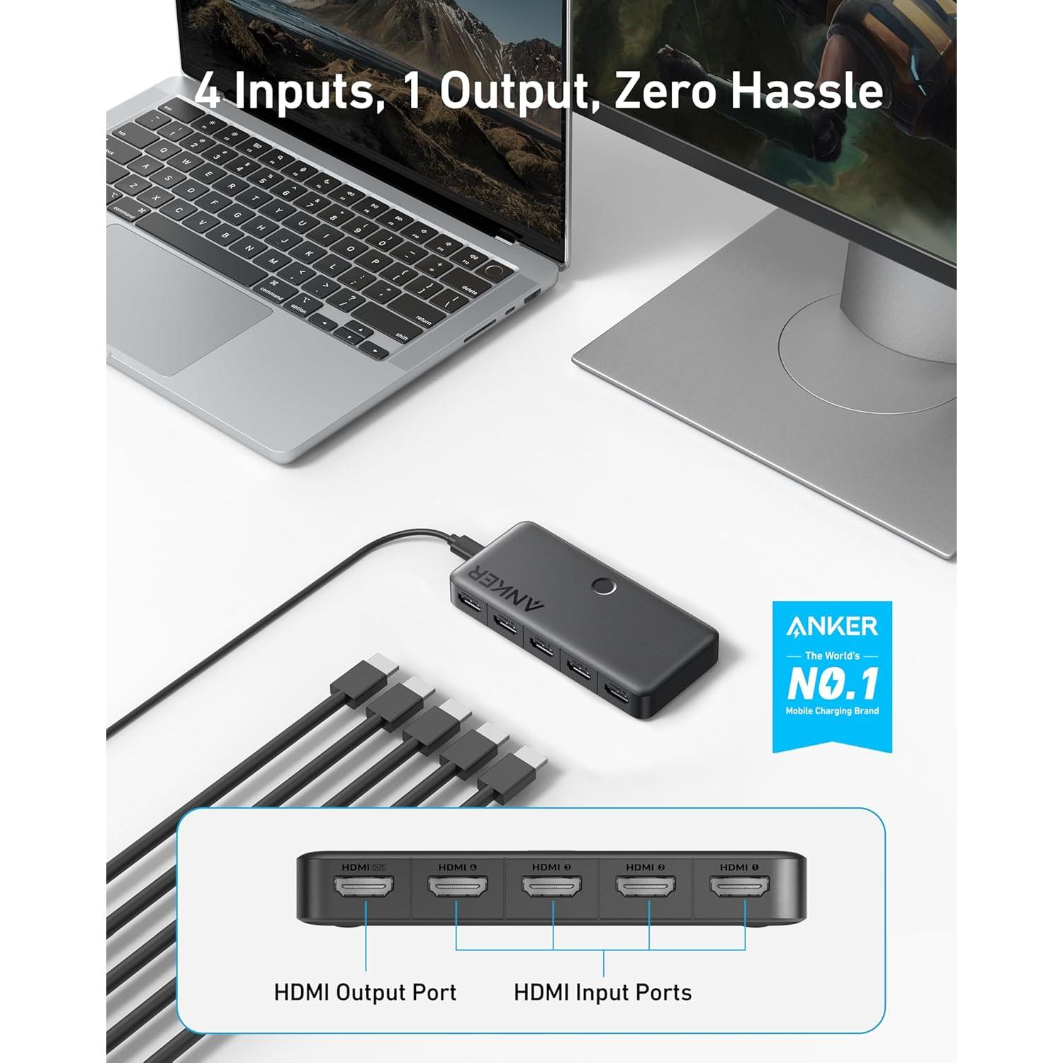 Interruptor HDMI 4 en 1 Anker A83H2 4K 60Hz Soporta HDR y 3D