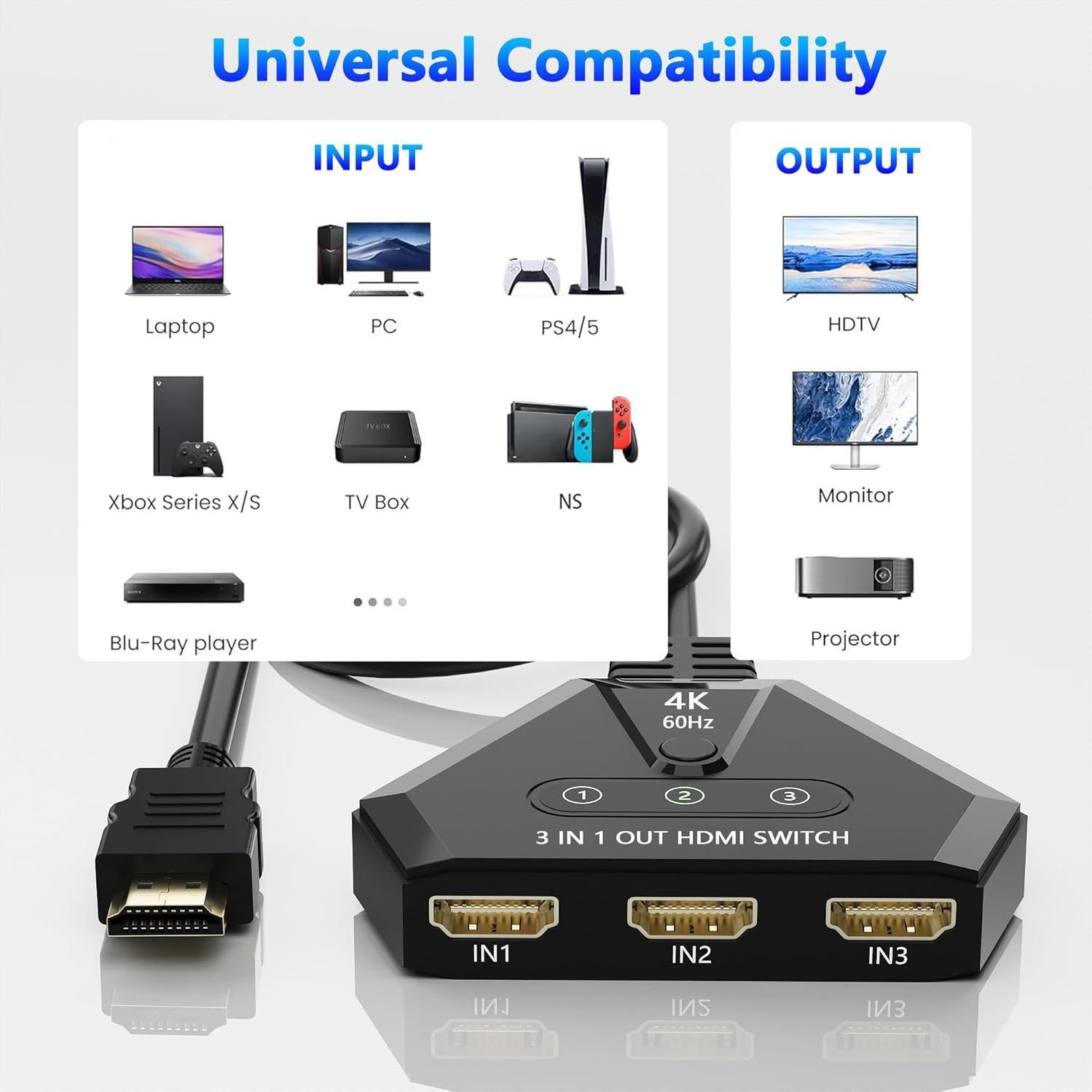 Conmutador HDMI 3 en 1 AUKOKIOULA 4K 60Hz Chapado en Oro