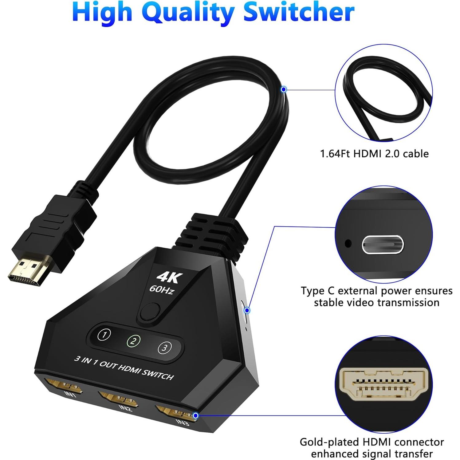 Conmutador HDMI 3 en 1 AUKOKIOULA 4K 60Hz Chapado en Oro