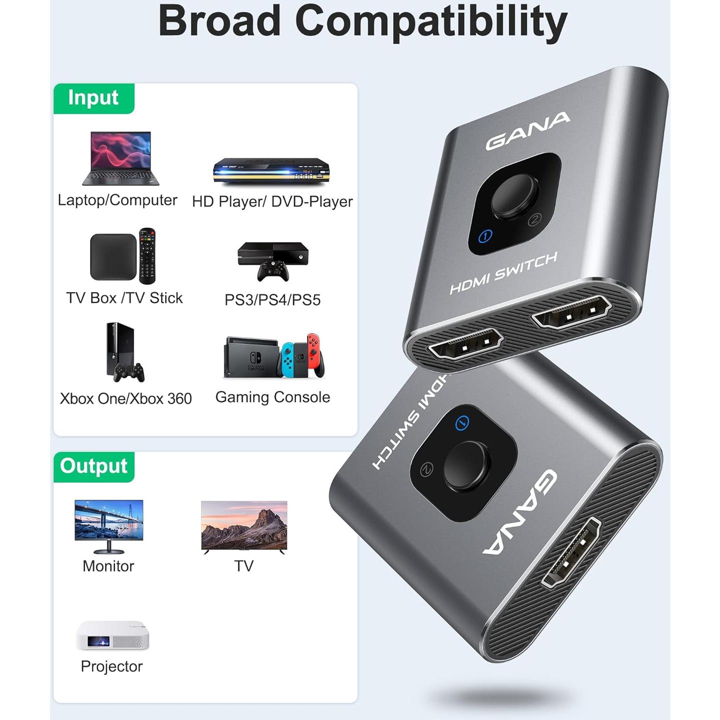 Conmutador HDMI 4K GANA Bidireccional 3 Puertos Aluminio