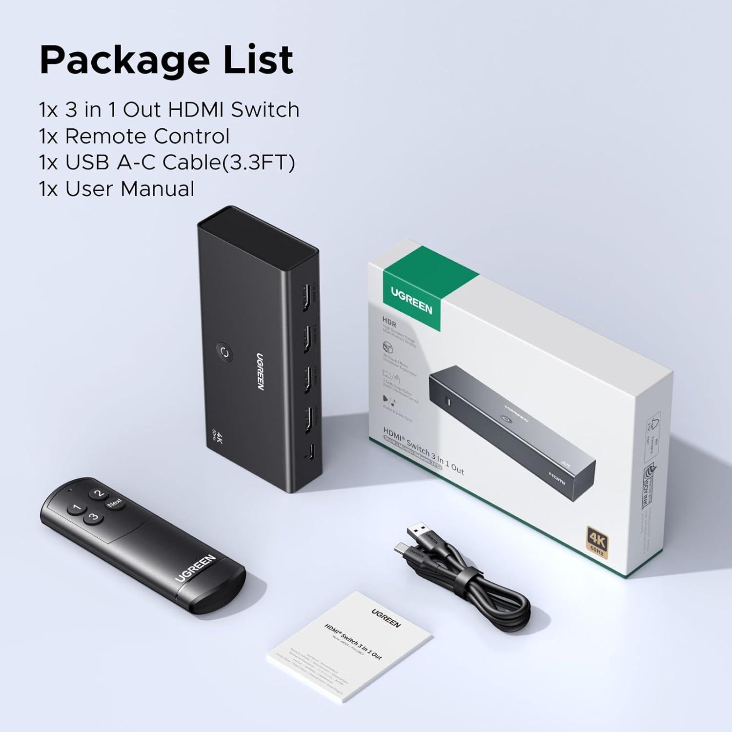 UGREEN Interruptor HDMI 3 en 1 4K@60Hz con Control Remoto